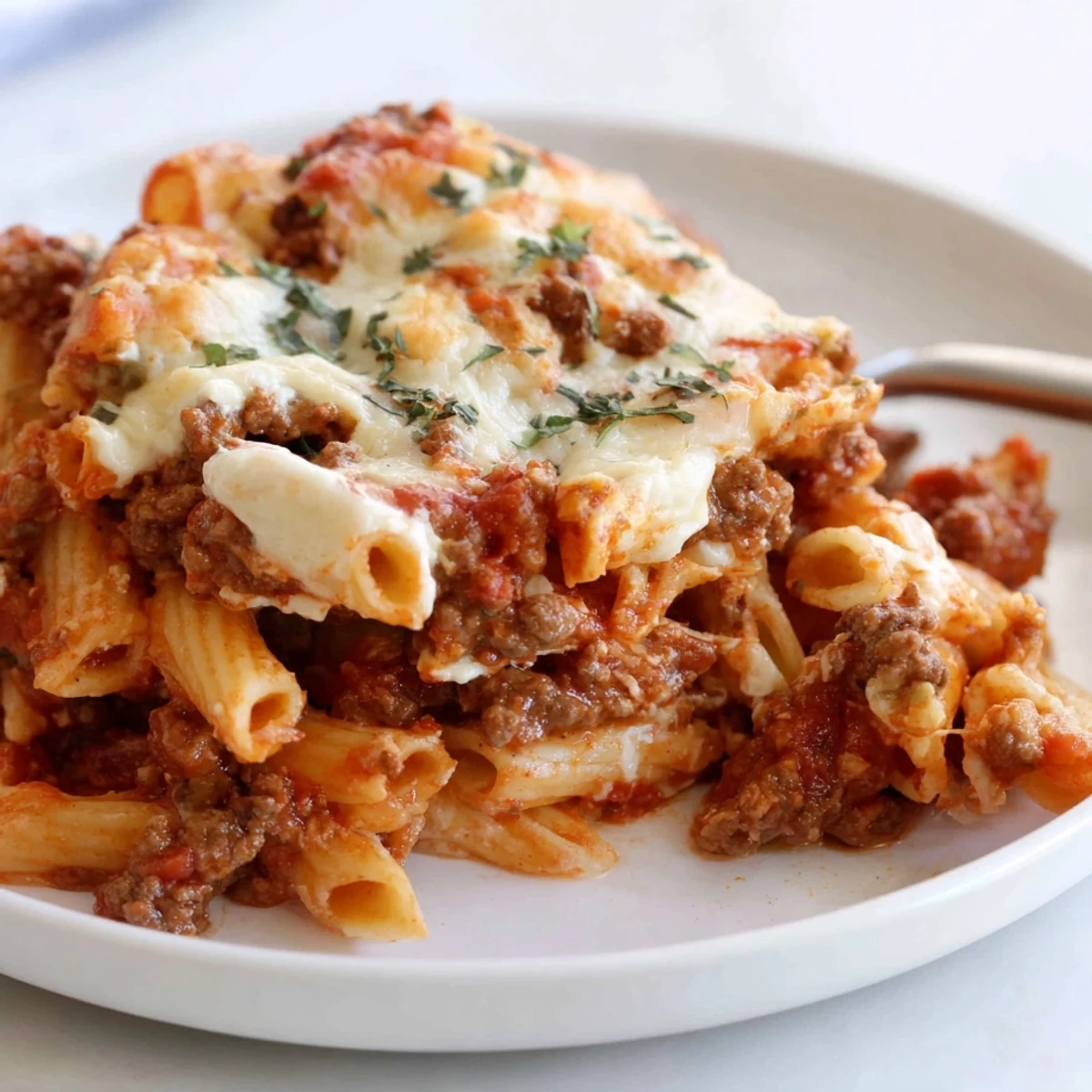 A bubbling dish of baked ziti with meat sauce topped with gooey melted cheese.  