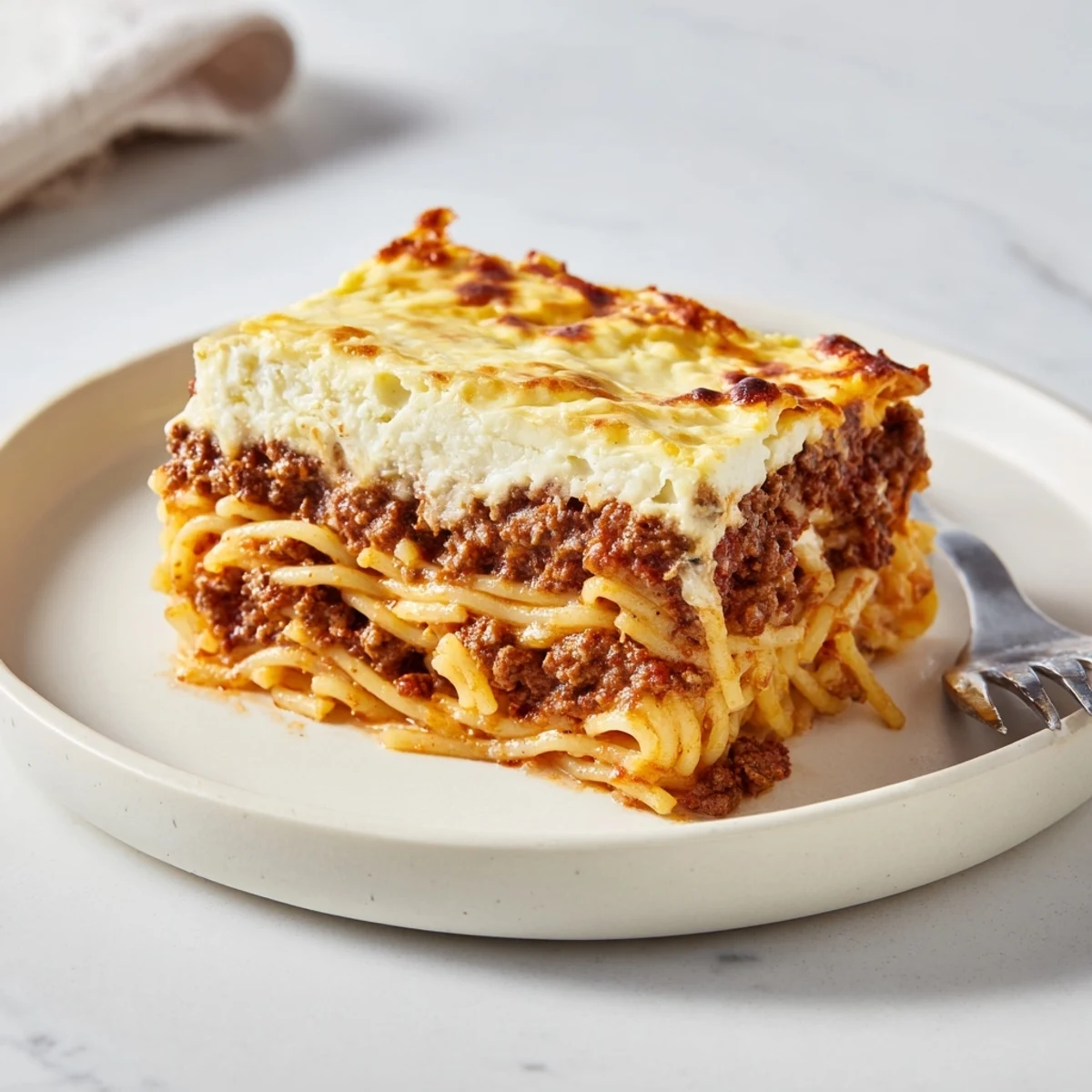Savory Greek Pastitsio casserole with pasta, spiced beef, and creamy béchamel topping.  