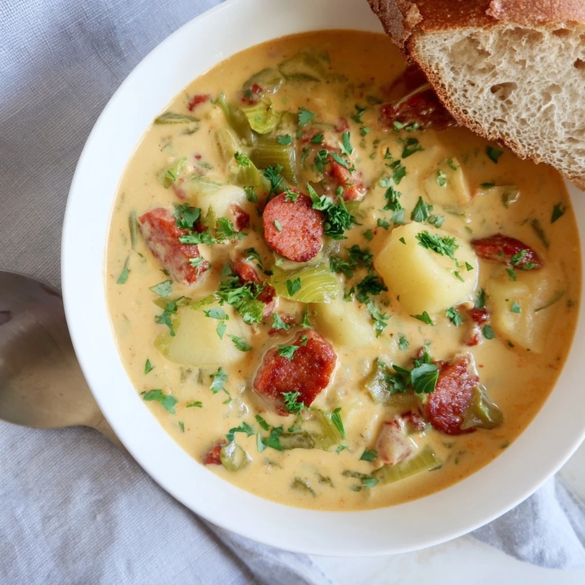 Creamy Potato, Leek & Chorizo Soup bowl garnished with fresh parsley and crusty bread.  