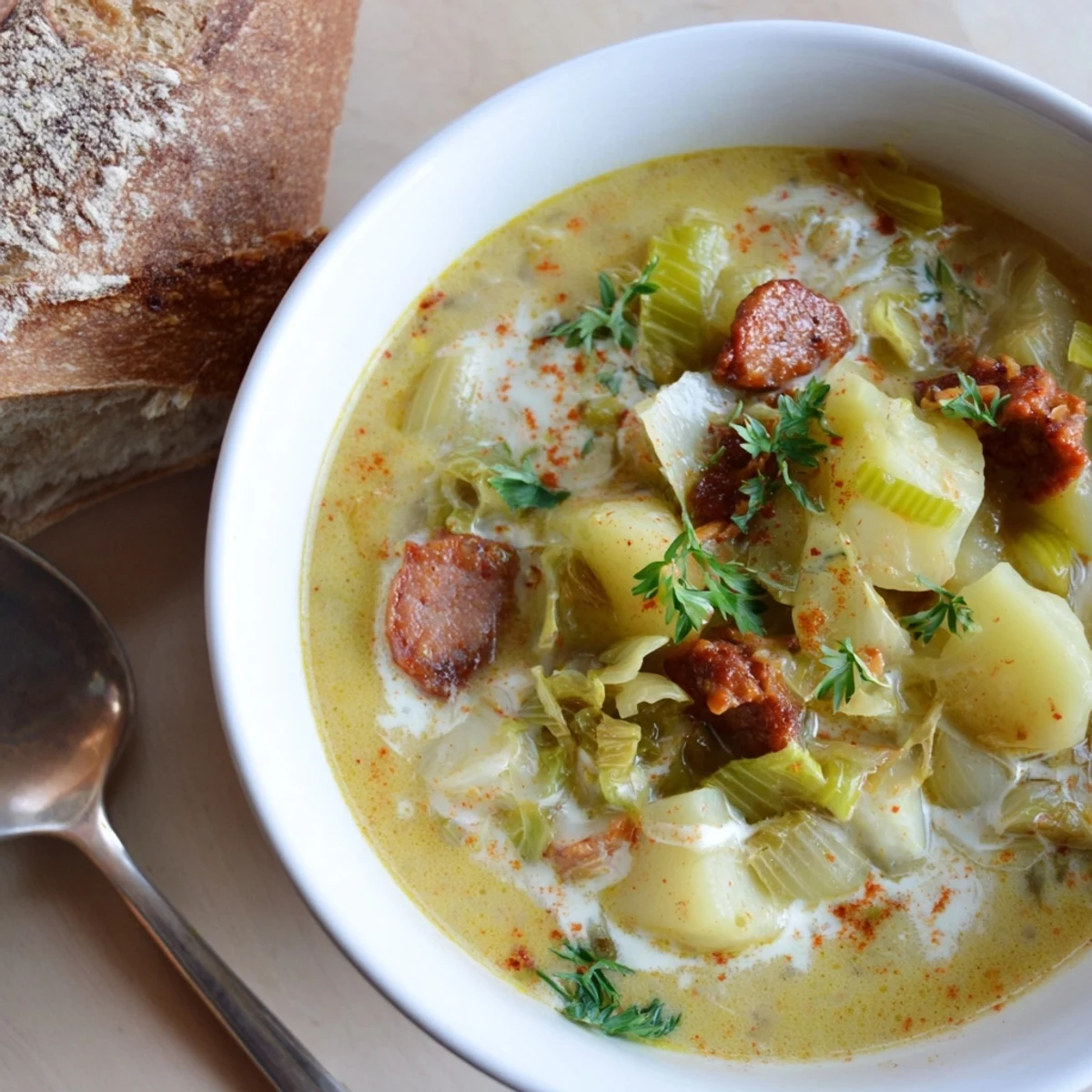 Hearty Potato, Leek & Chorizo Soup steaming in a rustic bowl, perfect for chilly days.  