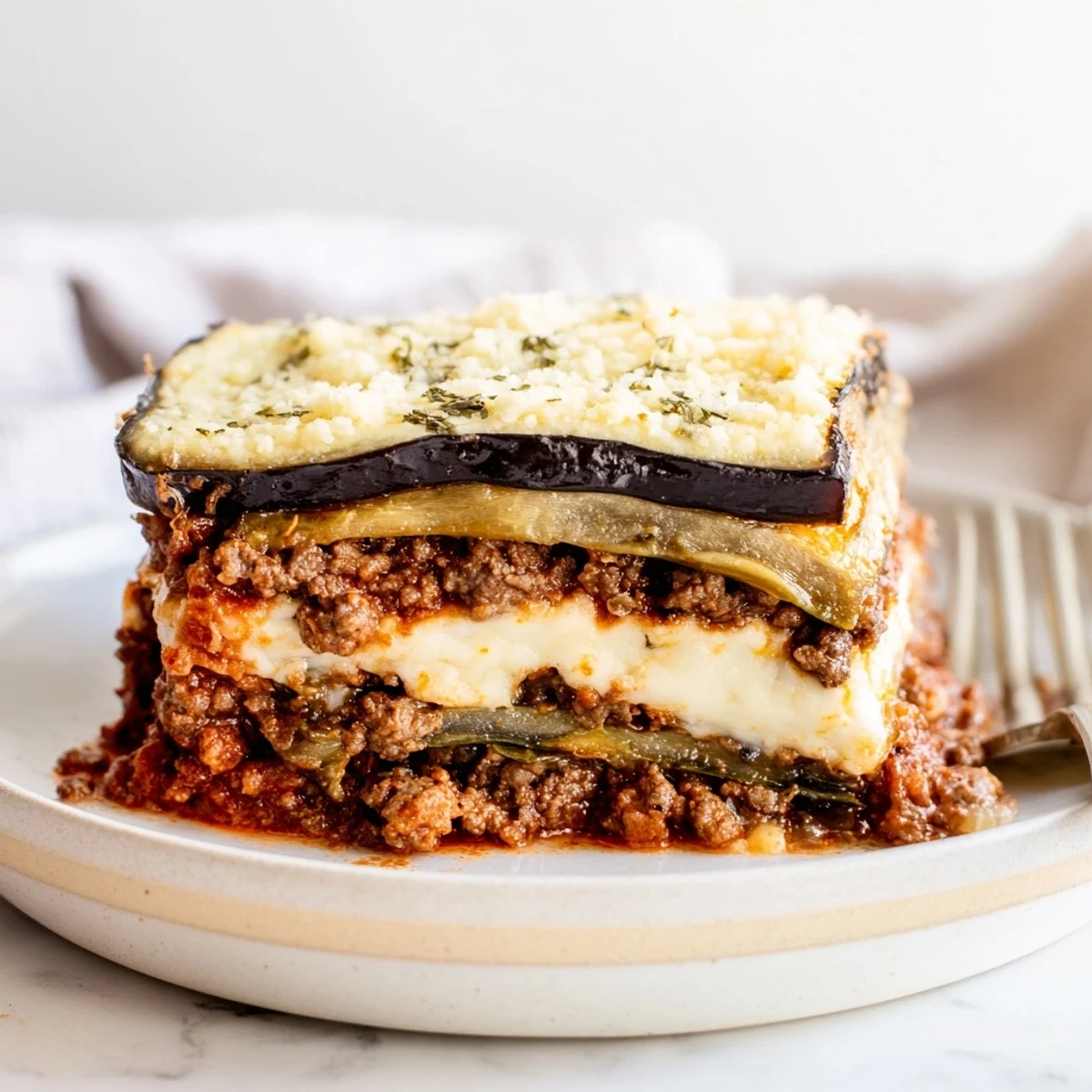 Decadent layers of Moussaka with Beef & Eggplant topped with creamy béchamel sauce.  