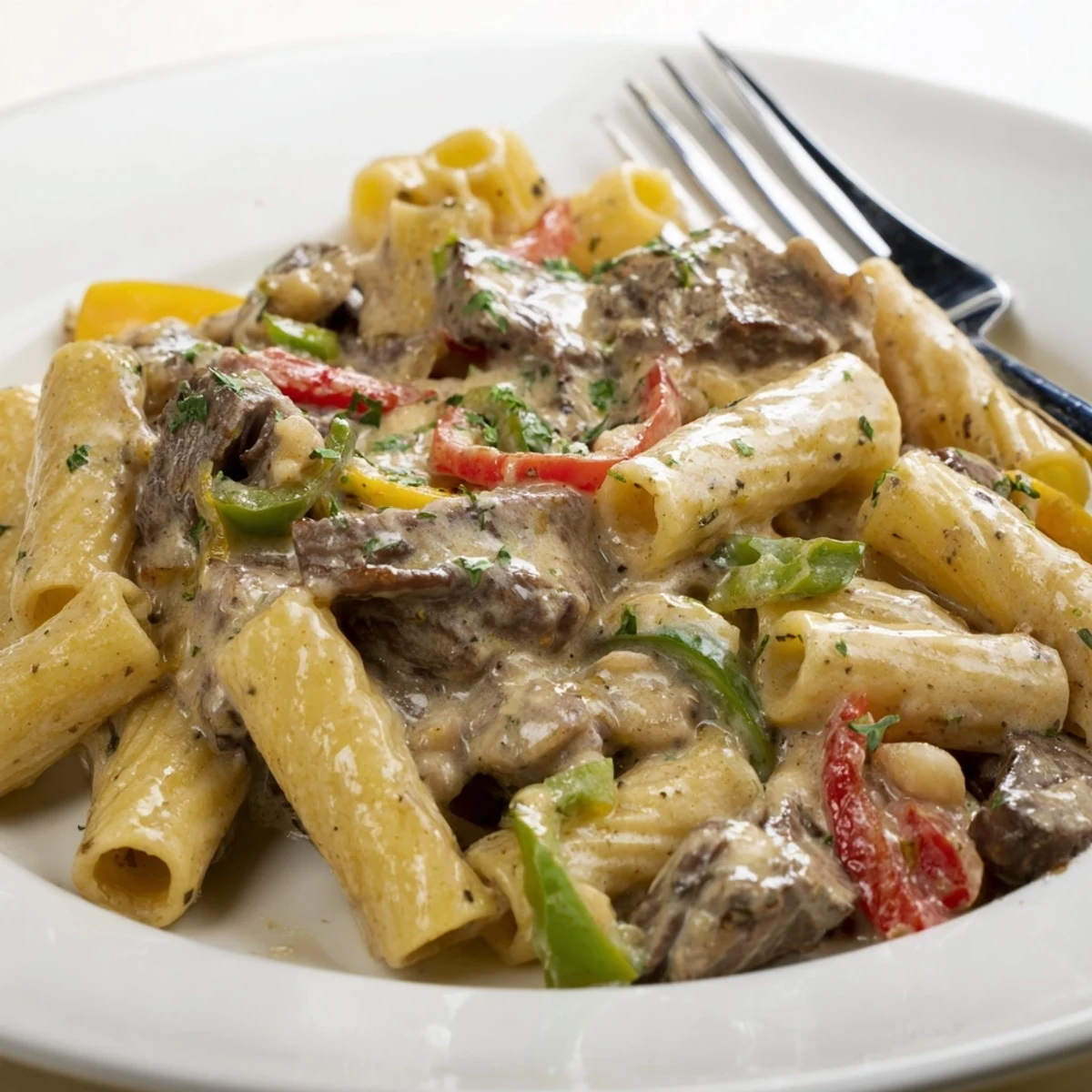 Hearty Philly Cheese Steak Pasta with tender beef and vibrant peppers in creamy sauce.  