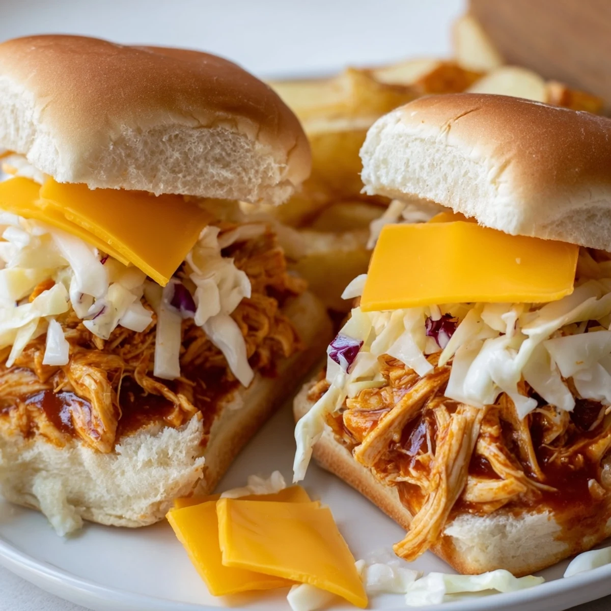 Tender BBQ Chicken Sliders garnished with cheese and served alongside golden fries.