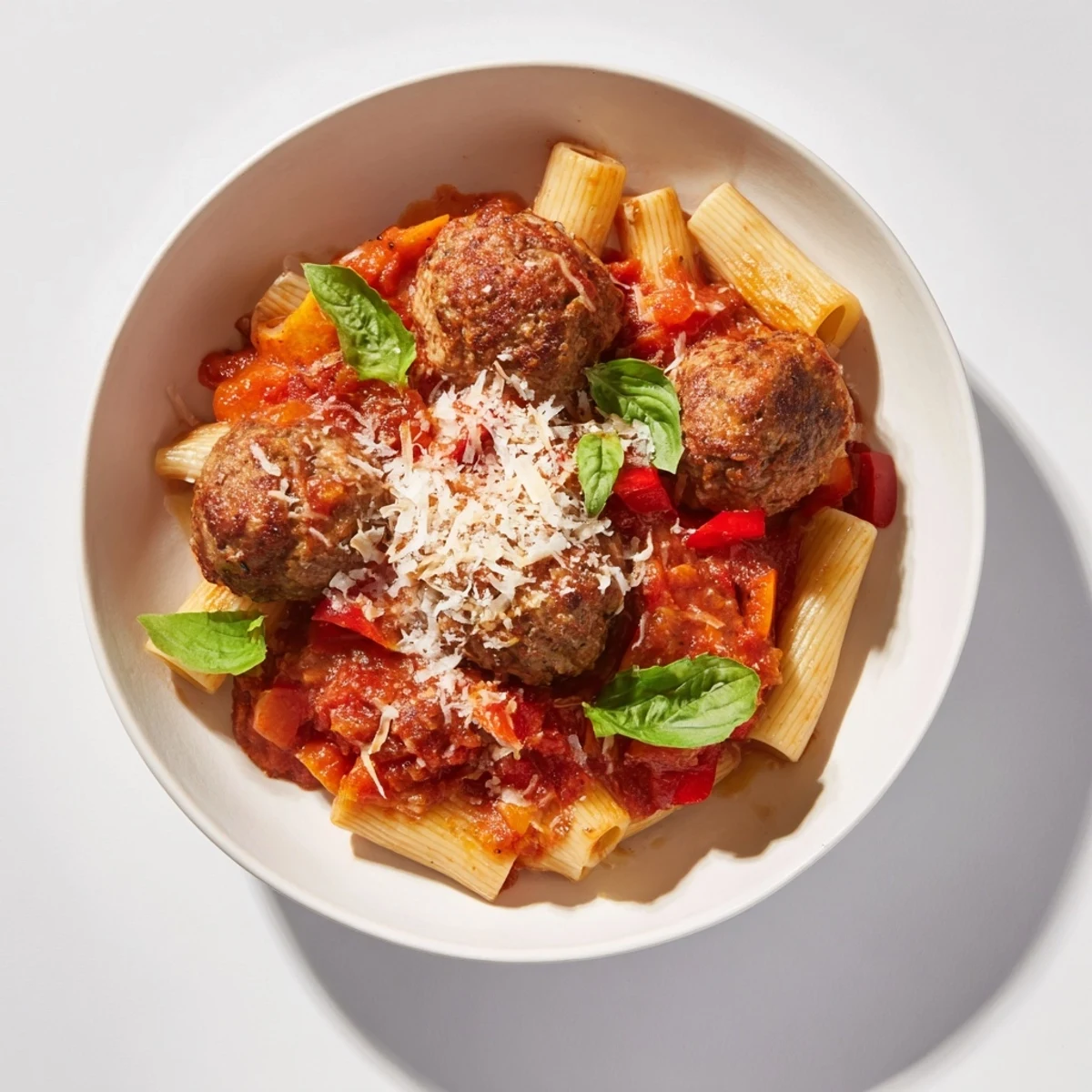 Italian Meatball Pasta Skillet: a comforting one-pan meal with melted cheese and fresh basil garnish.