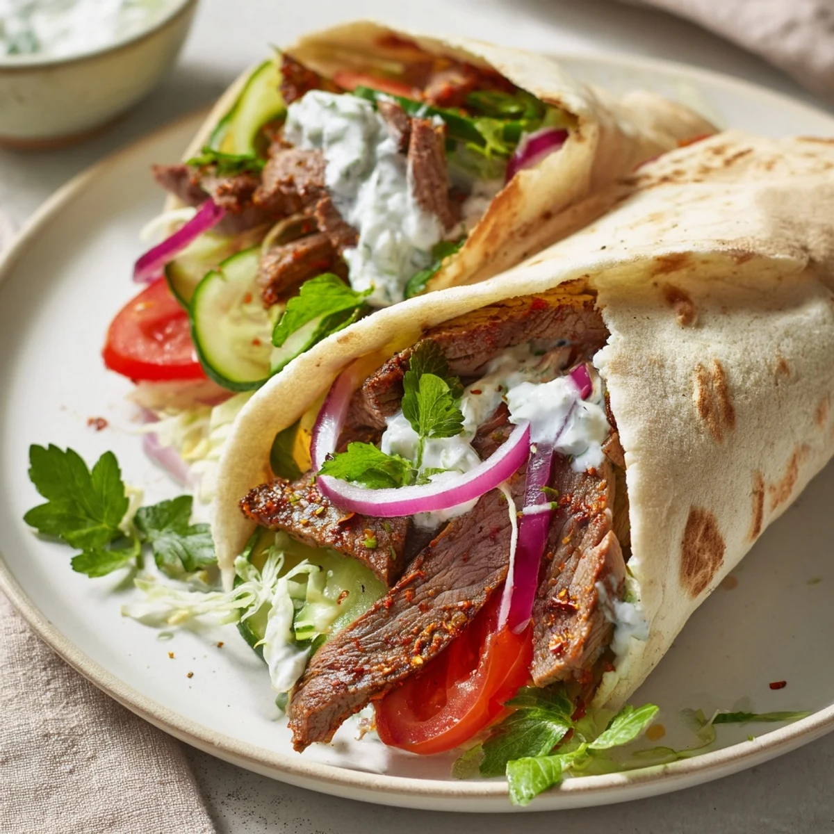 Golden-brown Beef Shawarma, wrapped with fresh veggies and a cool yogurt sauce, a delicious Middle Eastern meal.
