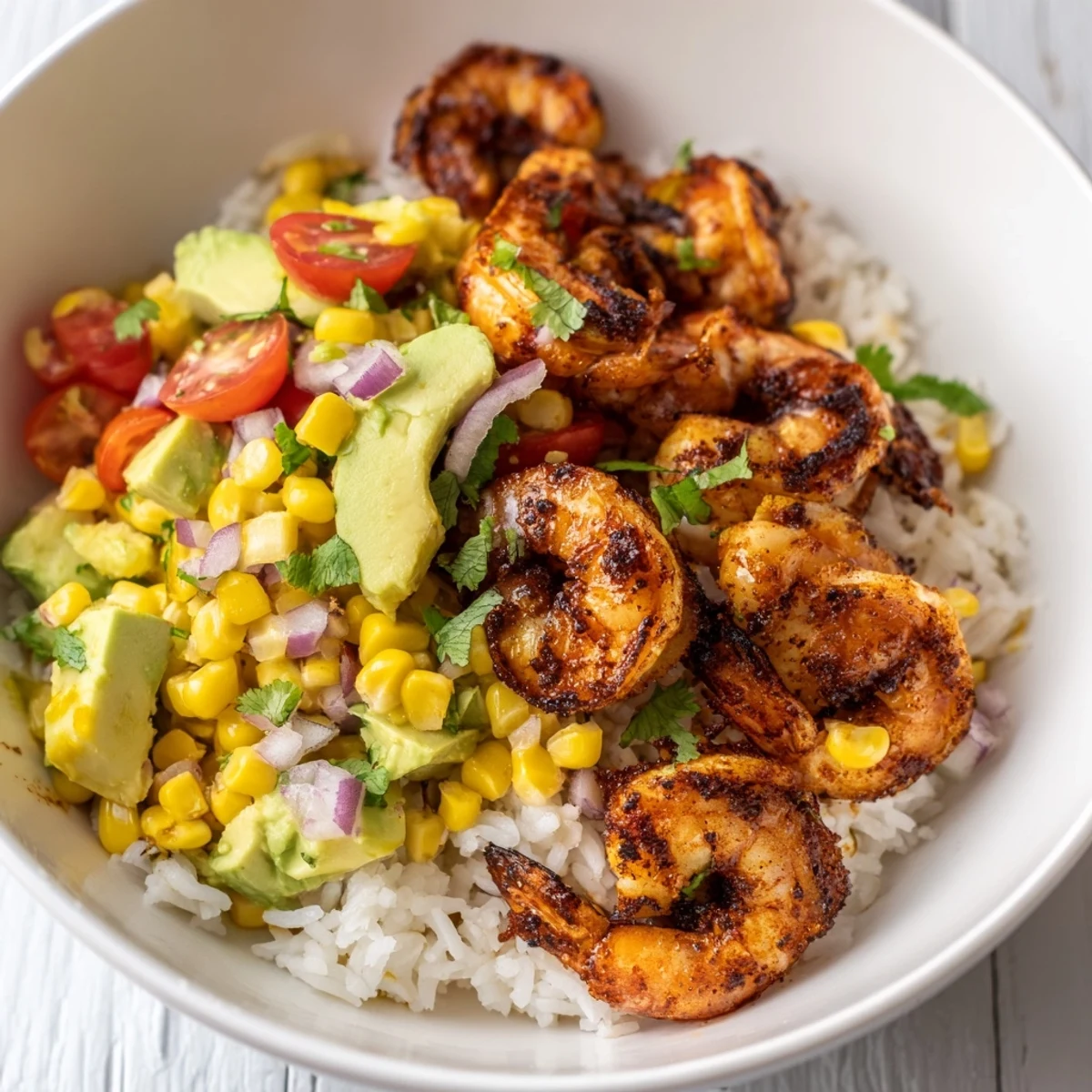Savory blackened shrimp bowl with creamy avocado salsa served, a vibrant Southwestern meal.