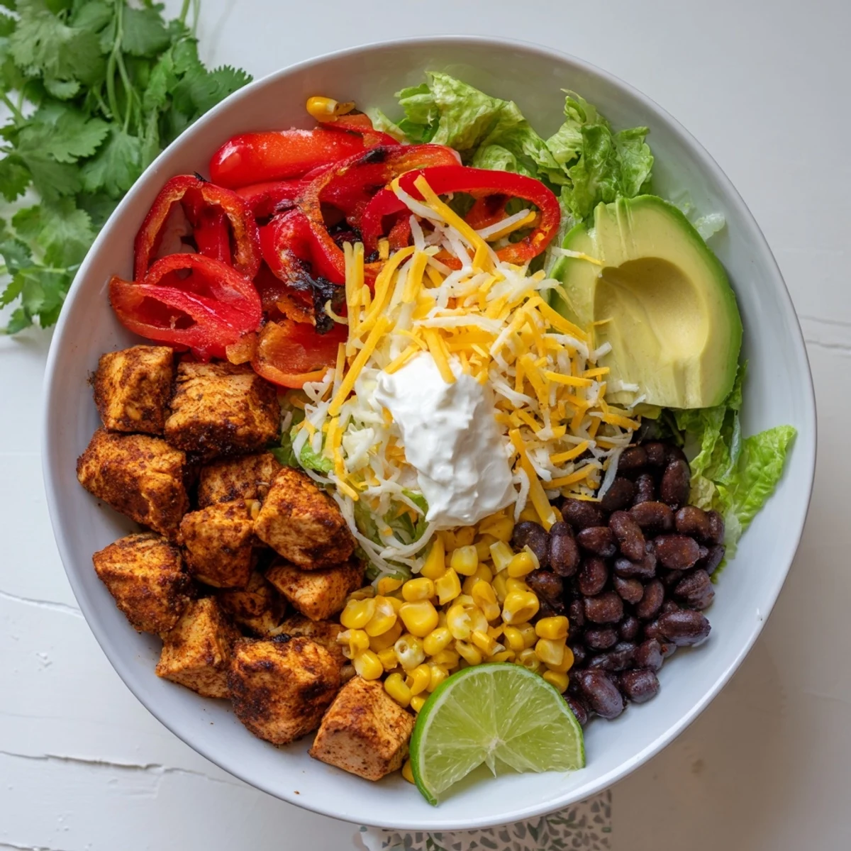 This sheet pan chicken burrito bowls recipe features a healthy helping of fresh ingredients ready to enjoy.