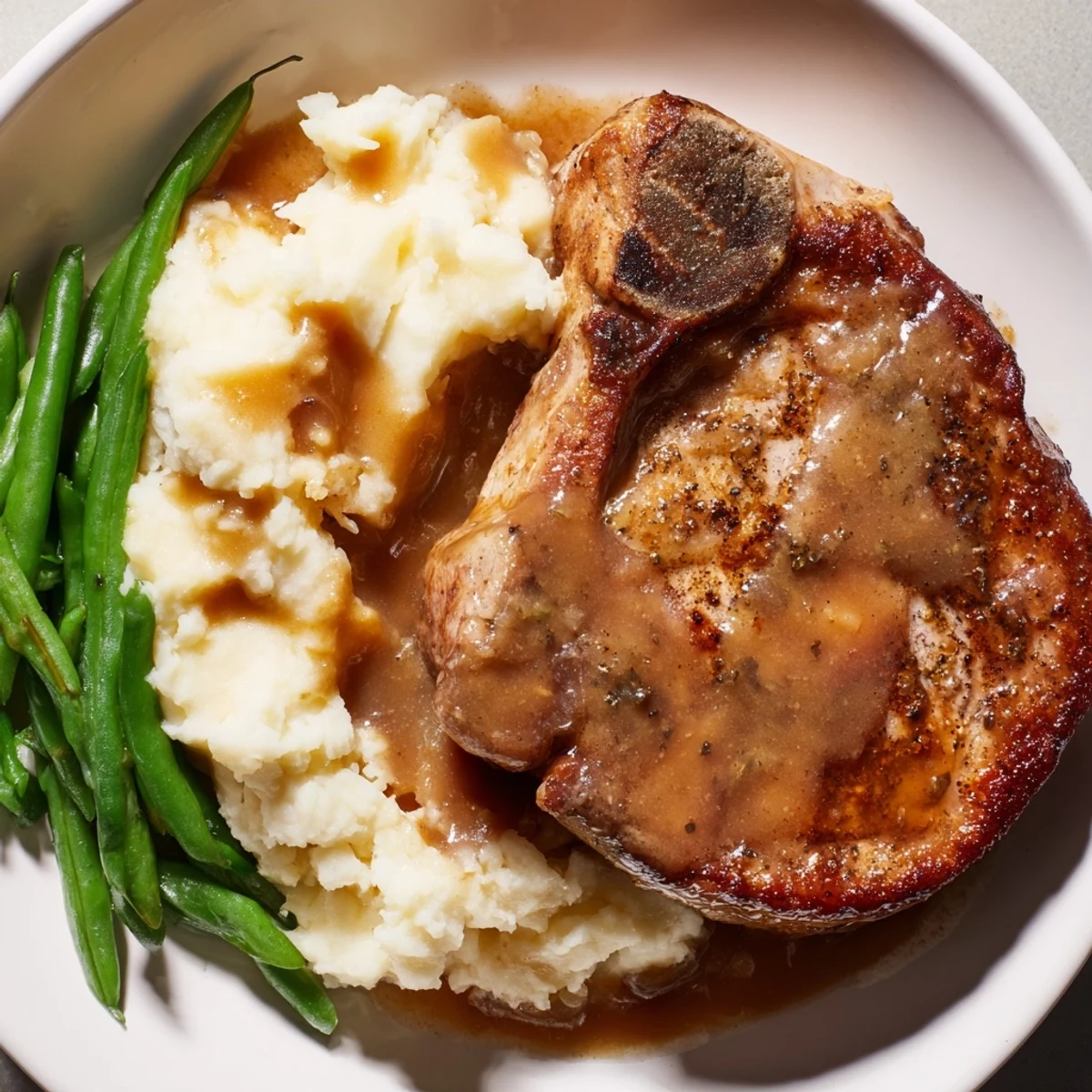 Close-up of golden-brown Pork Chops & Cheddar Mash Bowl with rich gravy and vibrant green beans.