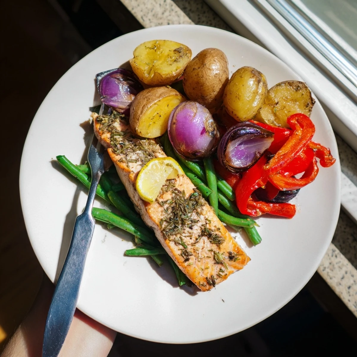 Enjoy a delicious plate of Lemon Herb Salmon & Potato, seasoned with herbs for a flavorful, healthful meal.
