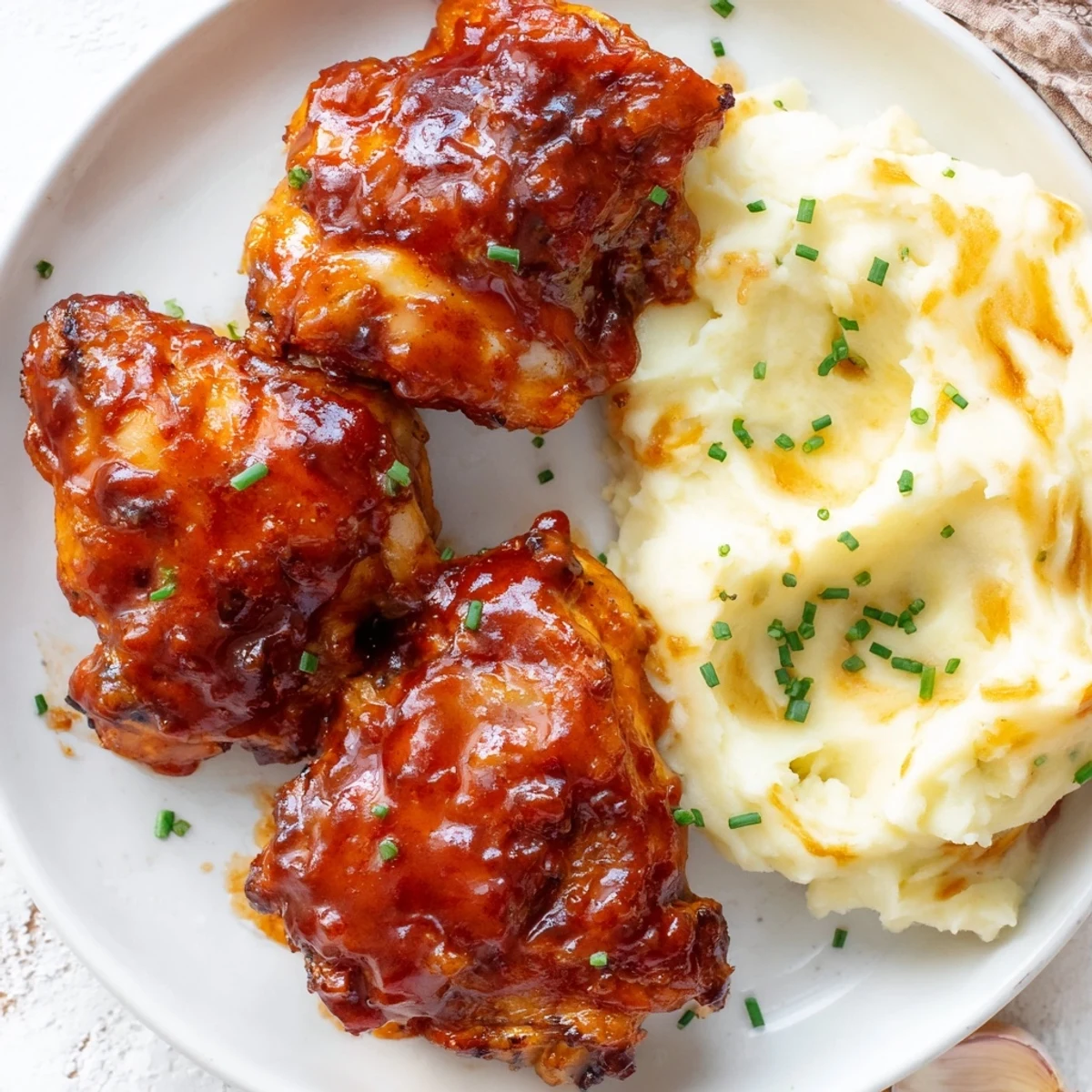 Tender Honey BBQ Chicken Thighs boast sticky, caramelized sauce, served near creamy, perfectly mashed potatoes.