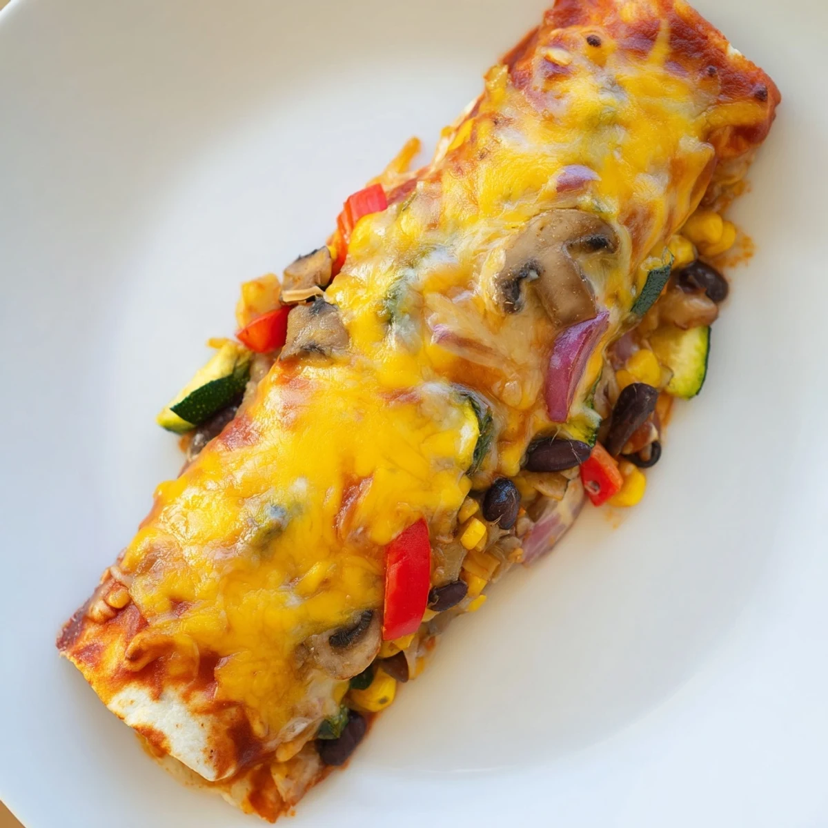 Freshly baked Farmers Market Vegetarian Enchiladas are covered in bubbly cheese and rich enchilada sauce, ready to serve as a meal.