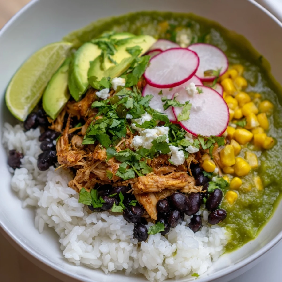 Warm Green Enchiladas Rice Bowl featuring chicken nestled on fluffy rice, crowned with cool toppings.