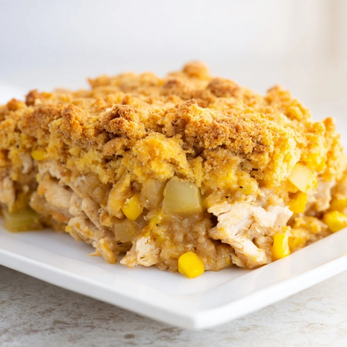 A close-up shot of a bubbling Southern Cornbread Chicken Casserole with a perfect golden crust.