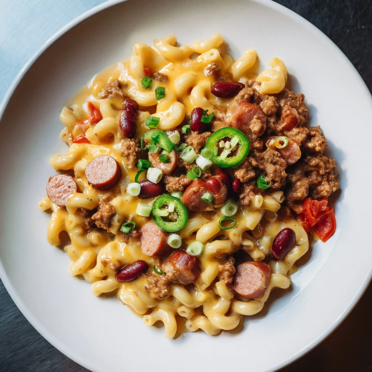 Creamy Chili Cheese Dog Mac & Cheese, bubbling in a baking dish, ready to serve with fresh green onions.
