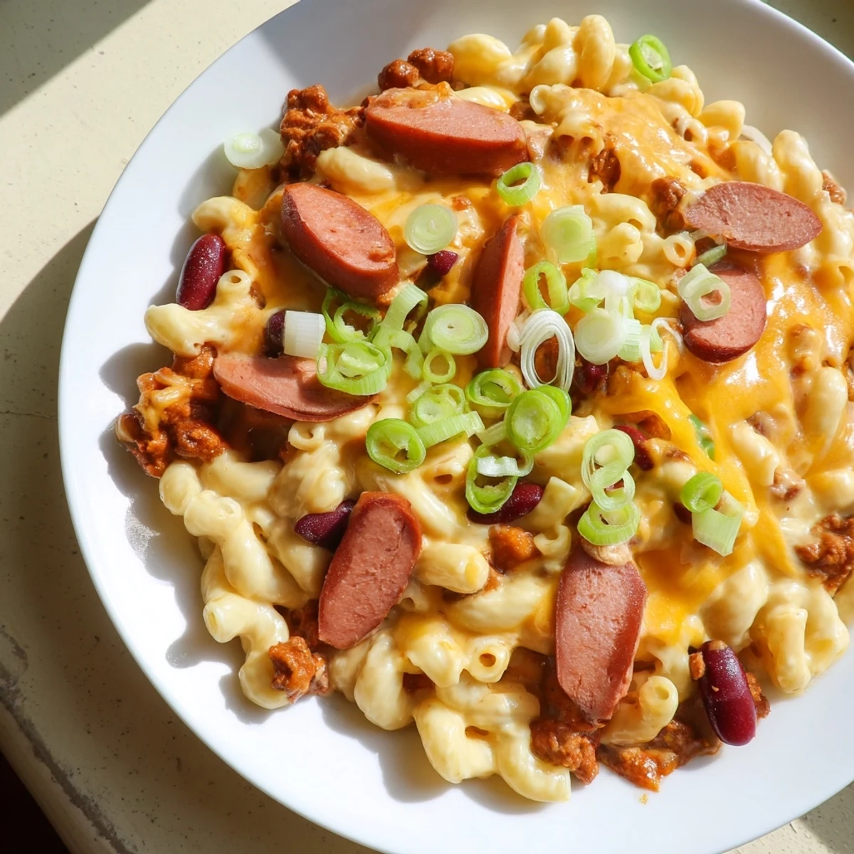 A forkful of savory Chili Cheese Dog Mac & Cheese showing melted cheese and hearty chili with hot dog pieces.