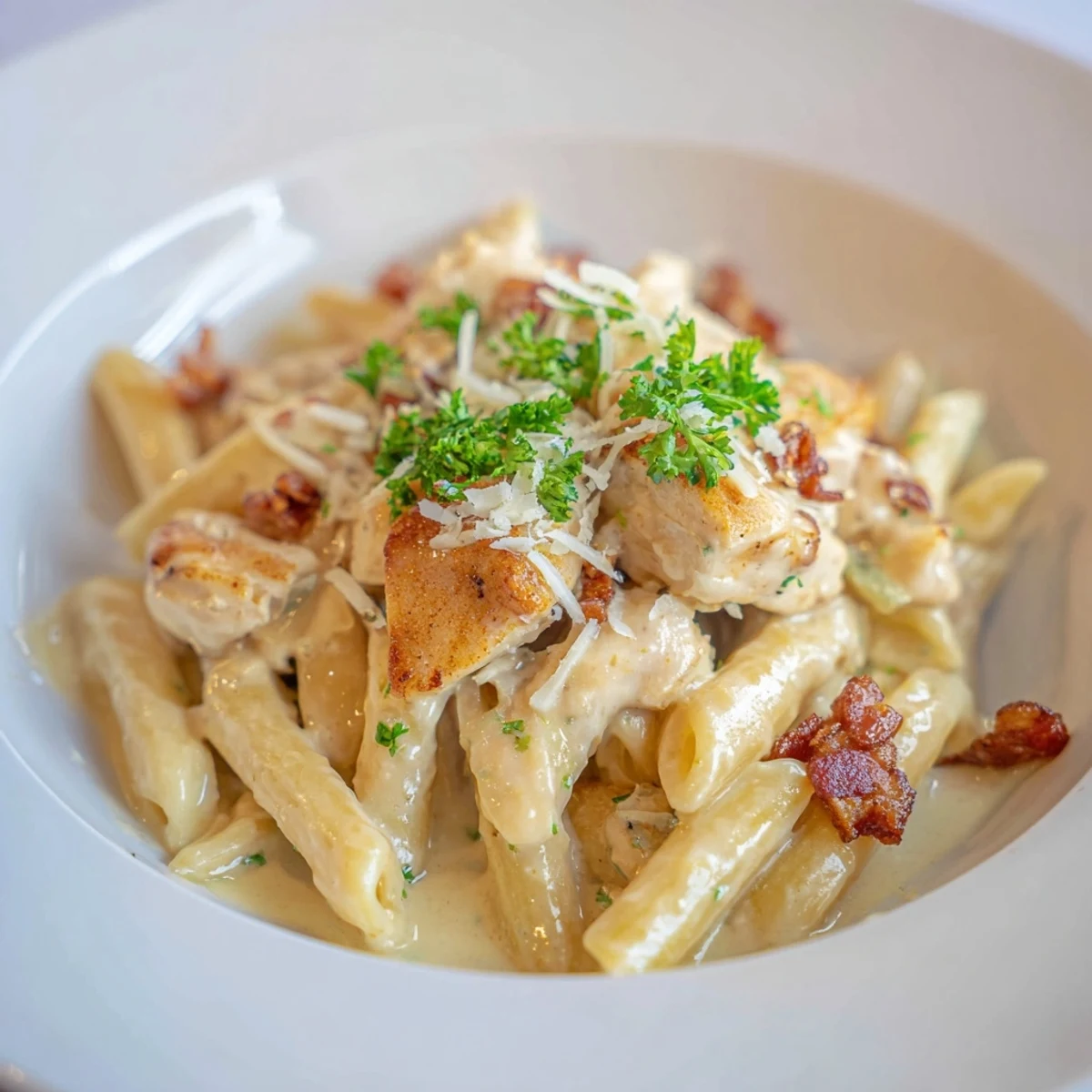 A flavorful bowl of Ranch Chicken & Bacon Penne shows the tender chicken and bacon's inviting textures.