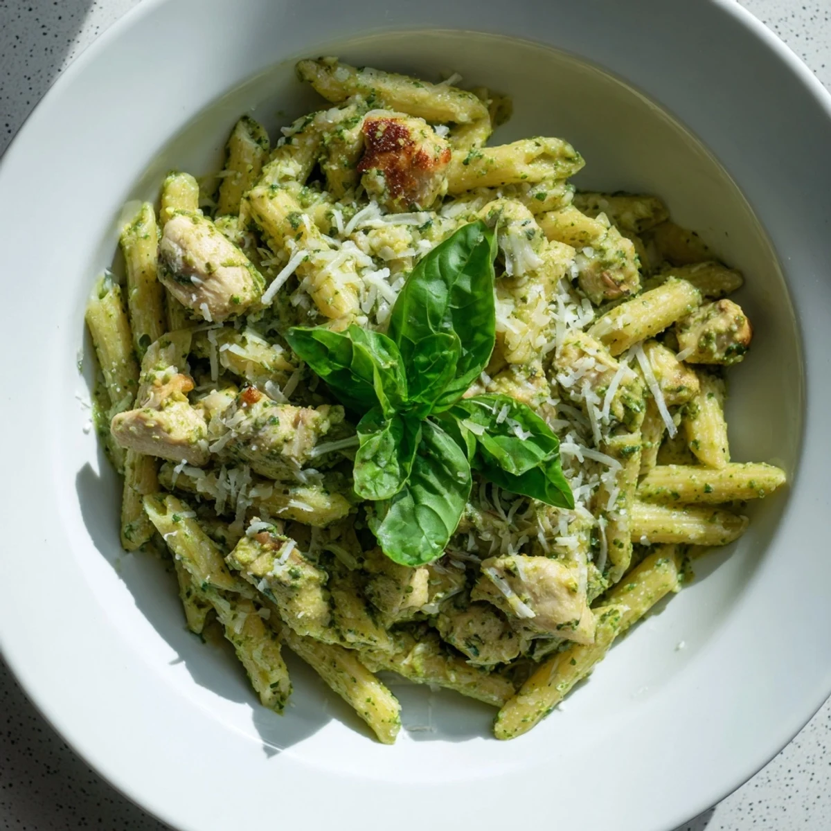 Golden-brown chicken and penne pasta swimming in creamy pesto sauce, a satisfying meal.