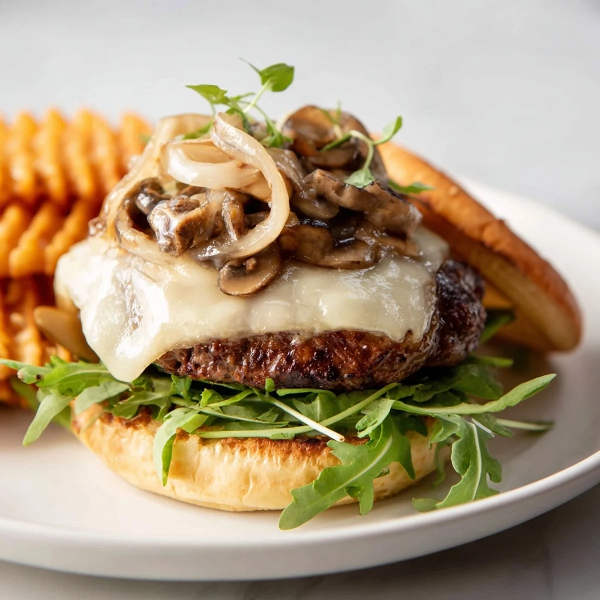 Melted Swiss cheese and savory mushrooms crown this juicy Mushroom Swiss Burger alongside crisp waffle fries.