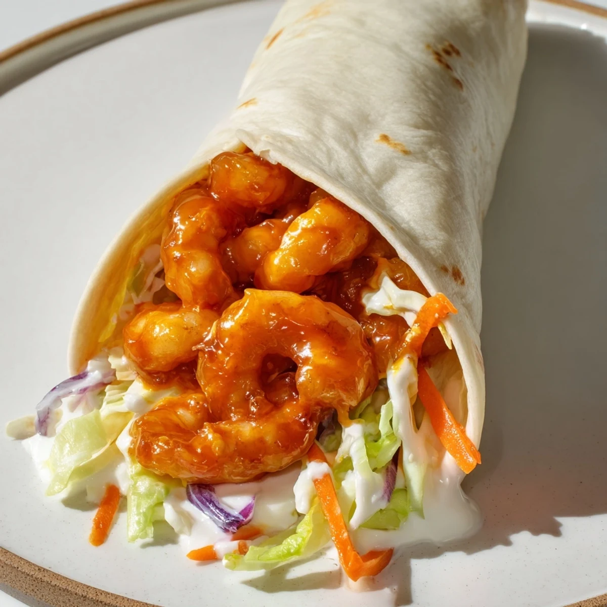 Golden-brown buffalo shrimp wraps steaming on a plate, ready to enjoy with cooling ranch dressing.