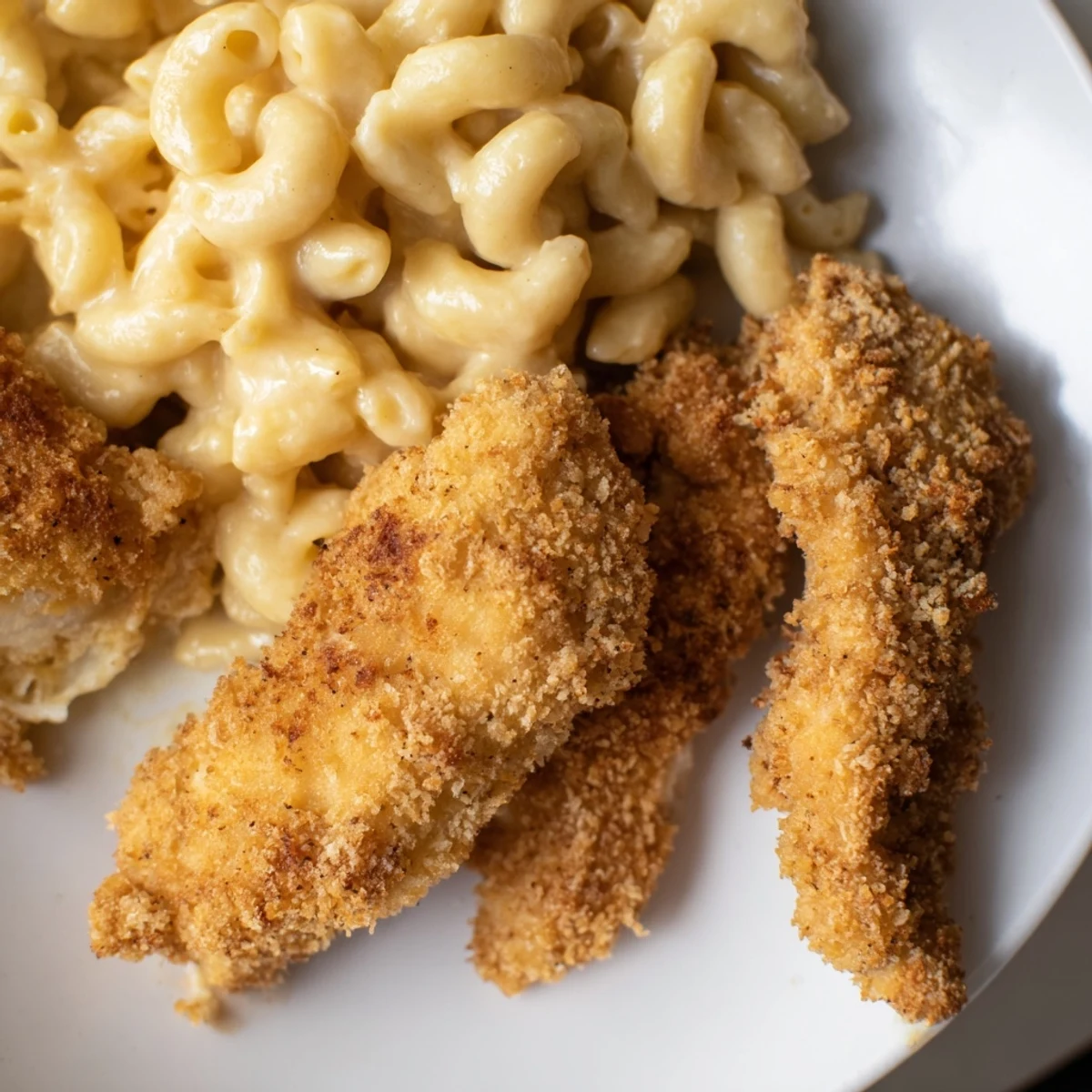 Perfectly cooked crispy chicken tenders with rich, cheesy macaroni – a delightful family dinner.