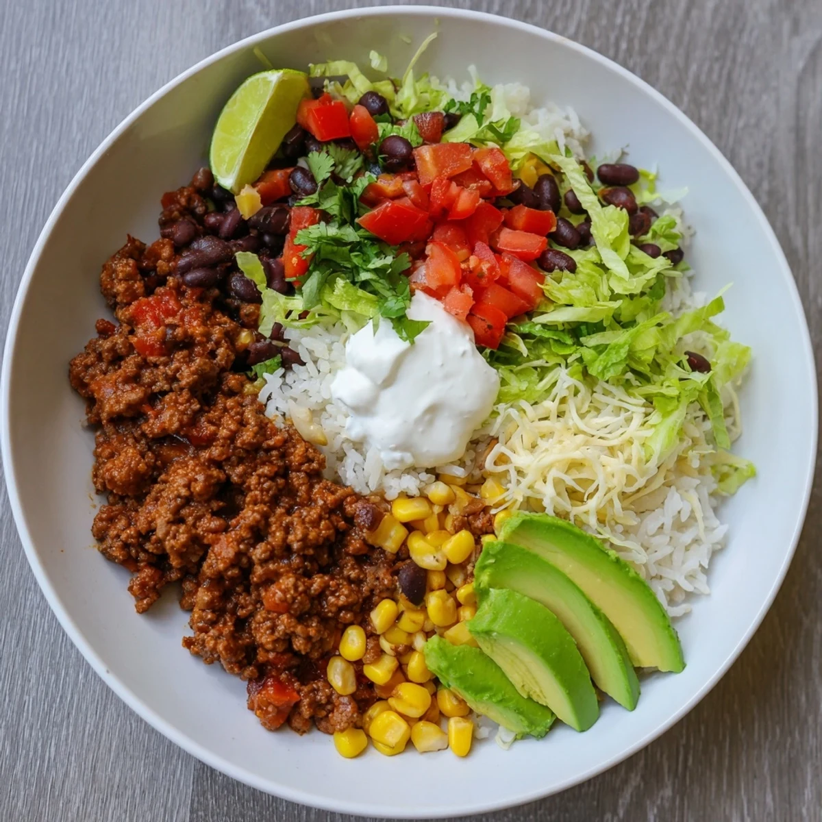 Savory loaded beef burrito bowl, featuring seasoned ground beef, fluffy rice, and fresh toppings.