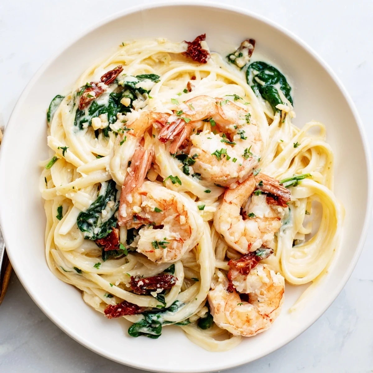 Golden Tuscan Garlic Shrimp Pasta, a creamy Italian delight with shrimp, tomatoes, and parmesan.