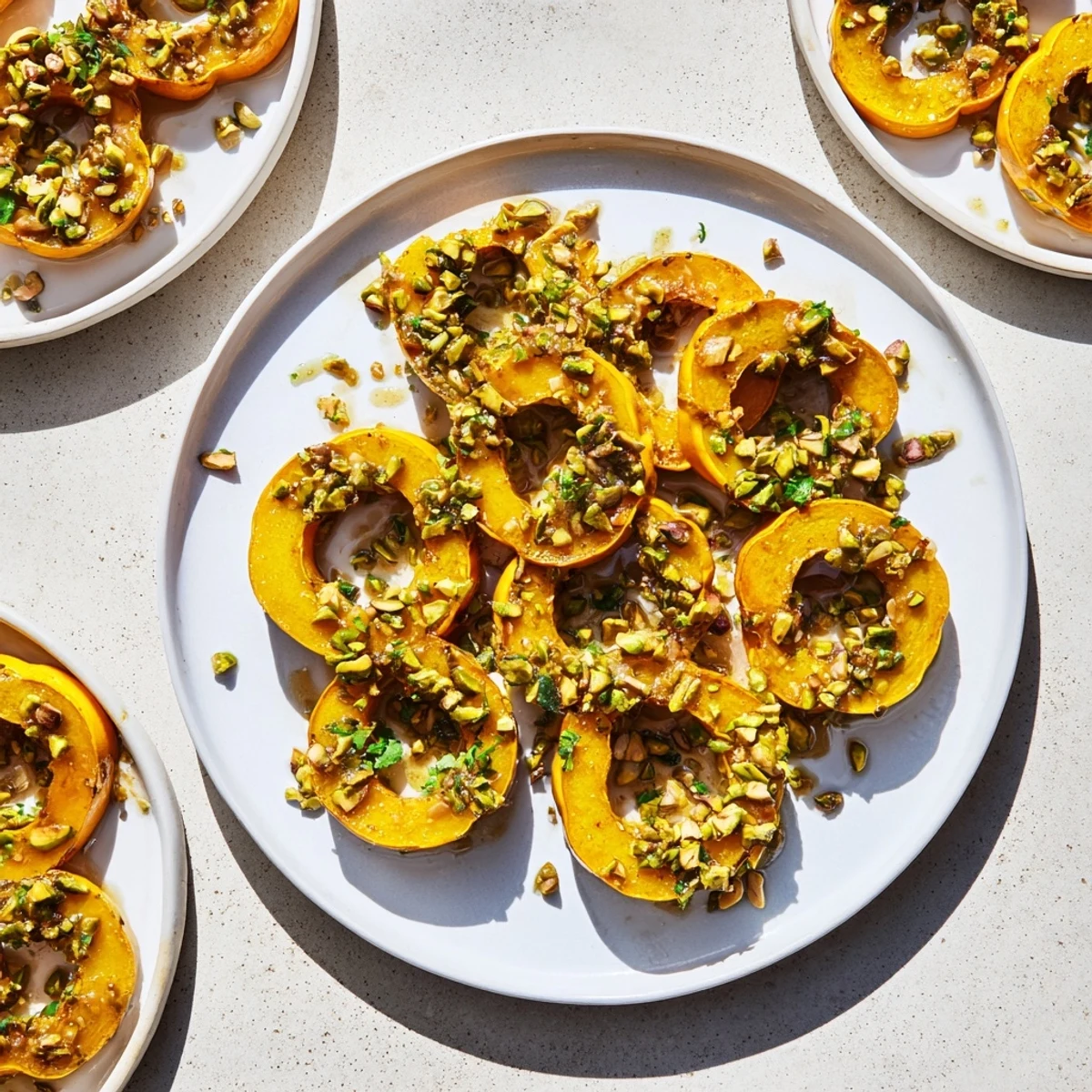 Golden brown Baked Delicata Squash Rings glistens, topped with toasted pistachios and parsley.