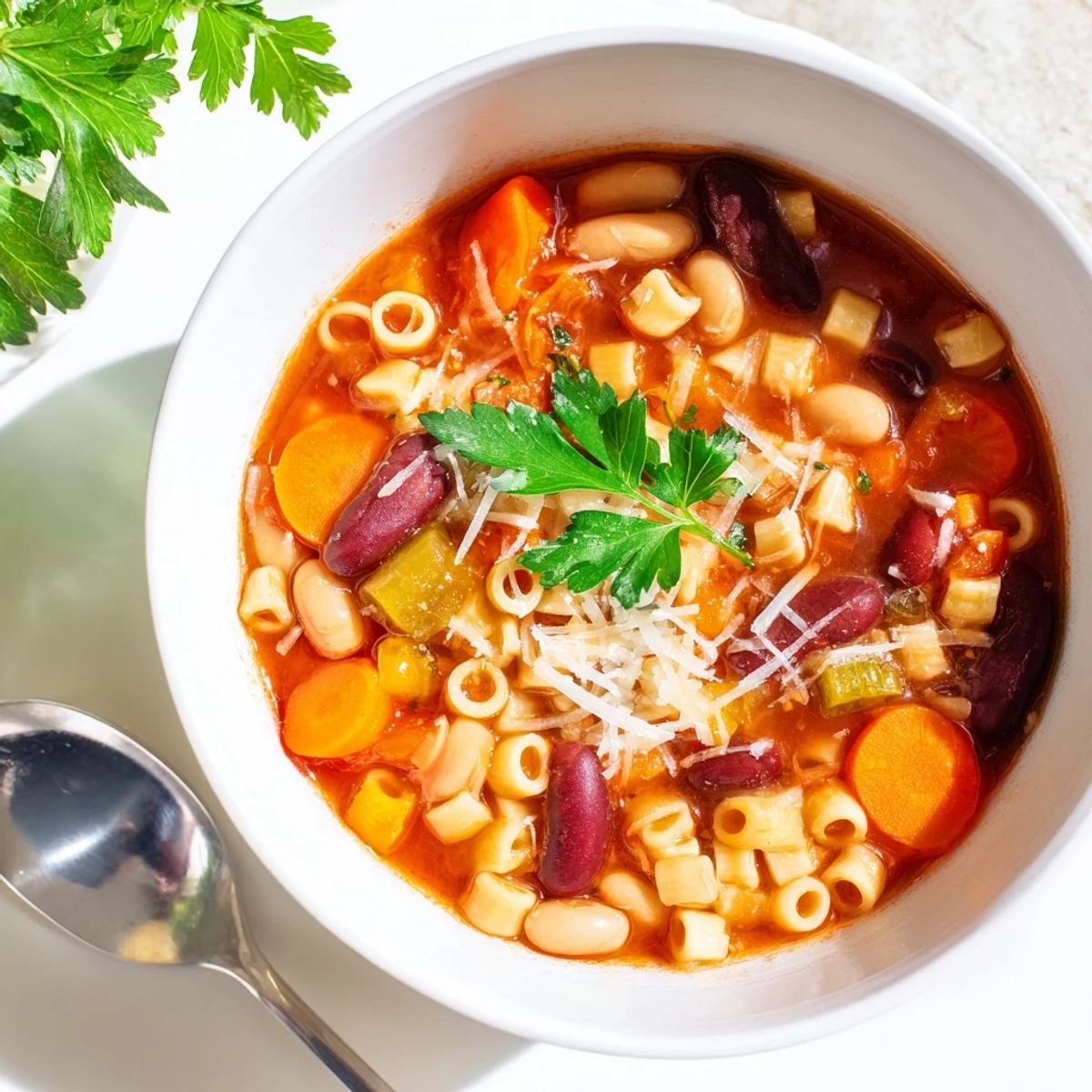 Hearty homemade Pasta e Fagioli Soup with visible chunks of vegetables floating in a rich tomato broth.