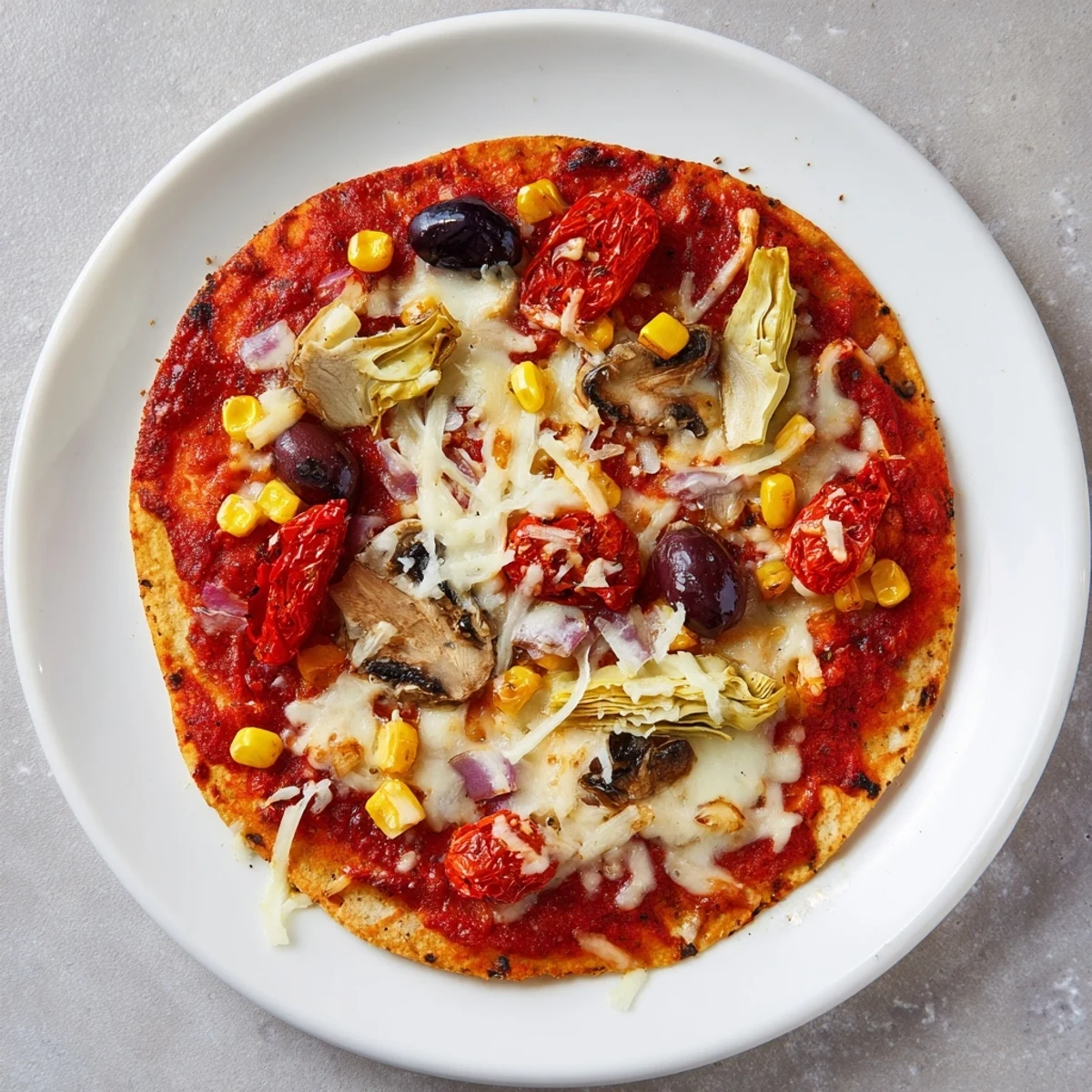 Golden-crusted tortilla pizza with vibrant toppings of olives and roasted red peppers, ready to eat.