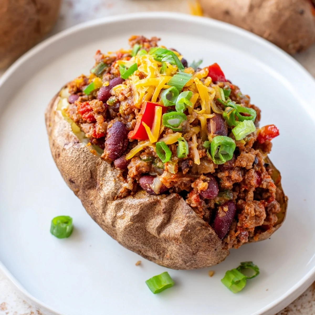 Steaming Chili-Style Baked Potatoes, loaded with a rich chili, cheese, and fresh green onions, look appetizing.