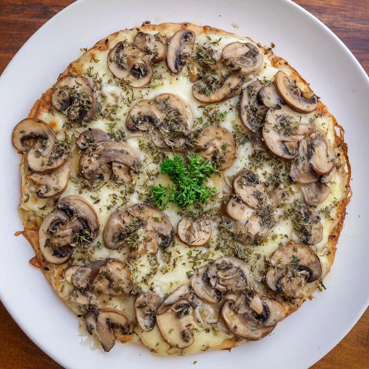 Frozen pizza with mushrooms herbs