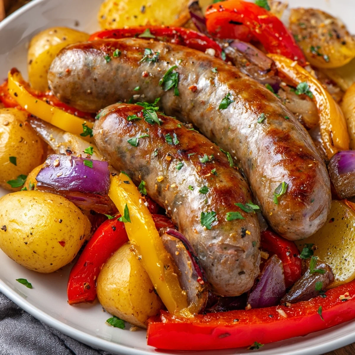 Golden roasted potatoes and sausage, mingling with vibrant peppers, star in this Sheet-Pan Sausage recipe.