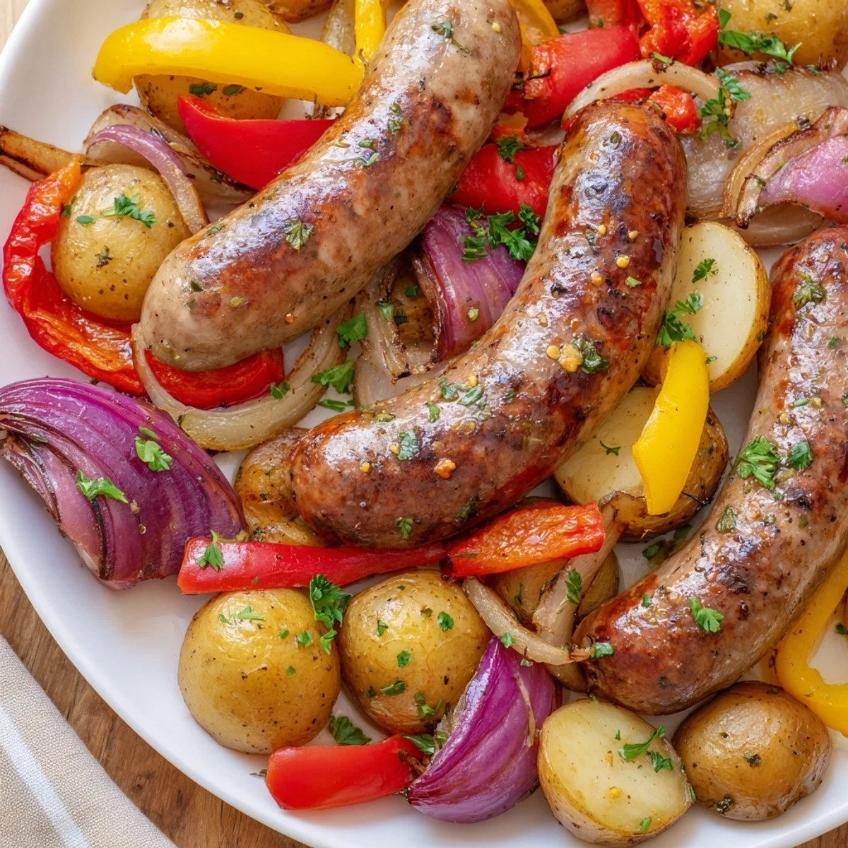 Sizzling Sheet-Pan Sausage with Peppers, Onions, and Potatoes: a colorful, one-pan dinner with perfect texture.