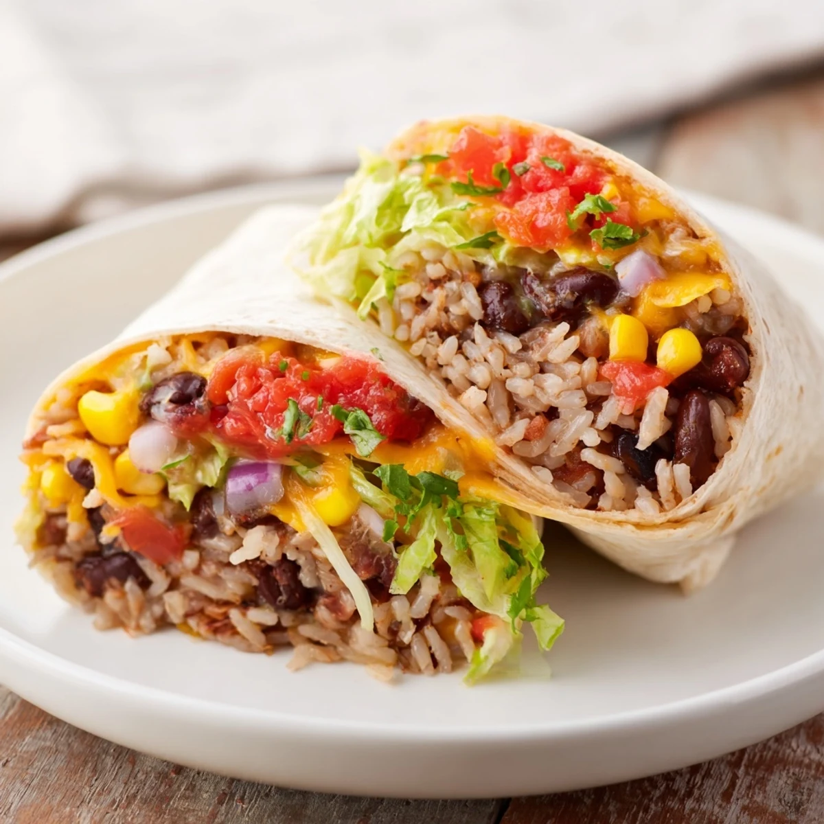 A delicious cross-section reveals layers of a hearty Rice & Bean Burrito with fresh toppings.