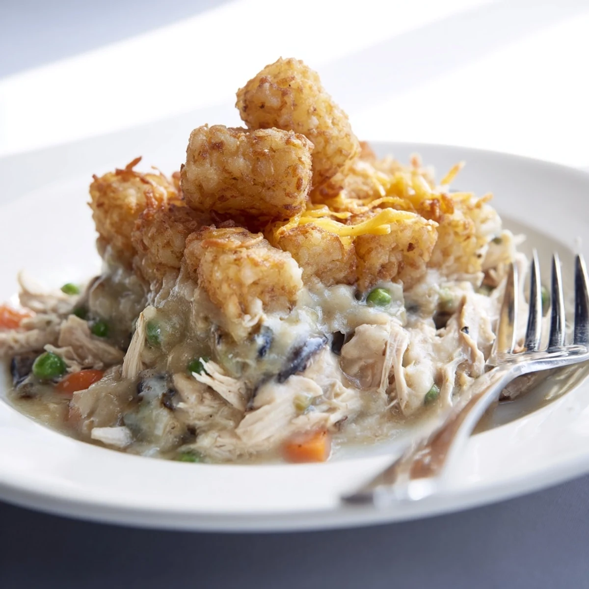Golden-brown tater tots topping a creamy, savory Tater Tot Chicken Pot Pie, ready to enjoy.