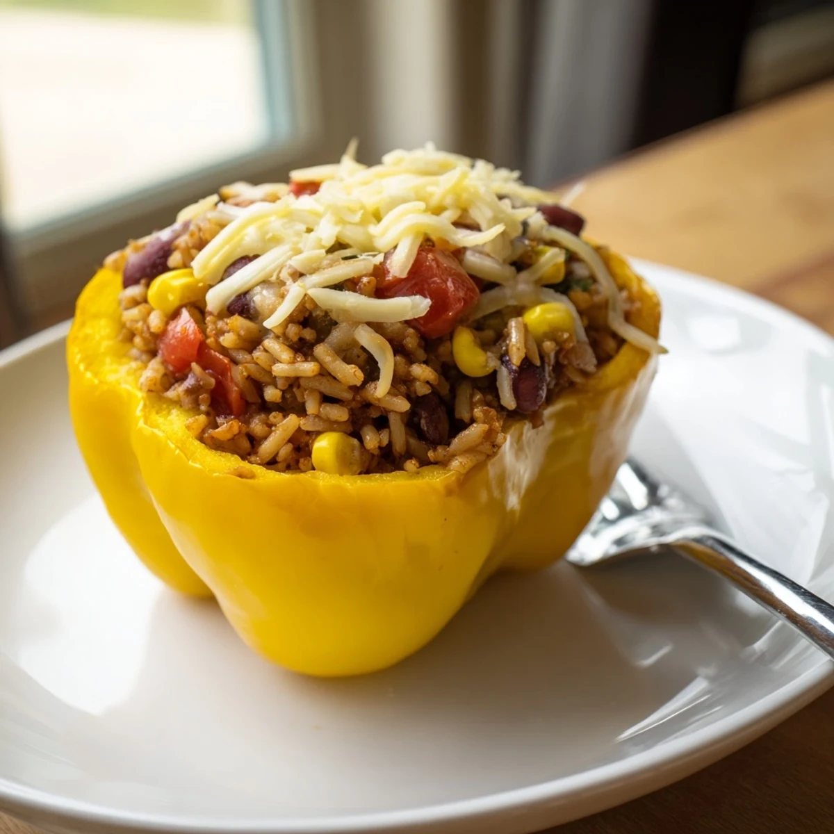 Warm and cheesy Stuffed Bell Peppers, a hearty meal filled with seasoned rice and vegetables.