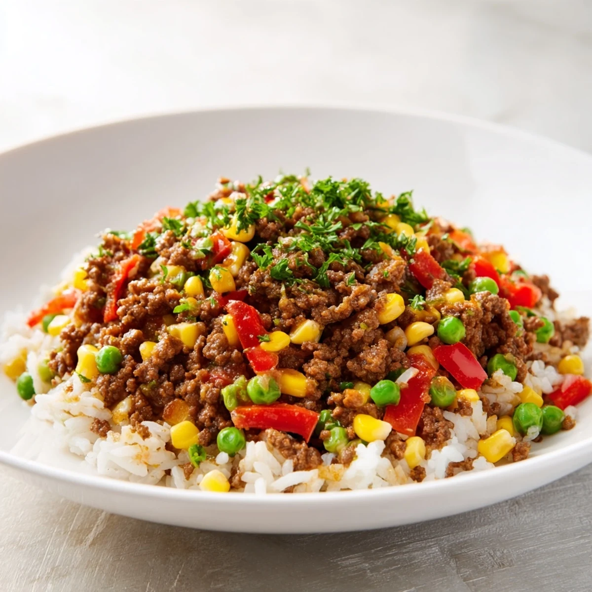 Ground beef skillet with rice, vegetables, and savory seasonings simmering in a skillet.