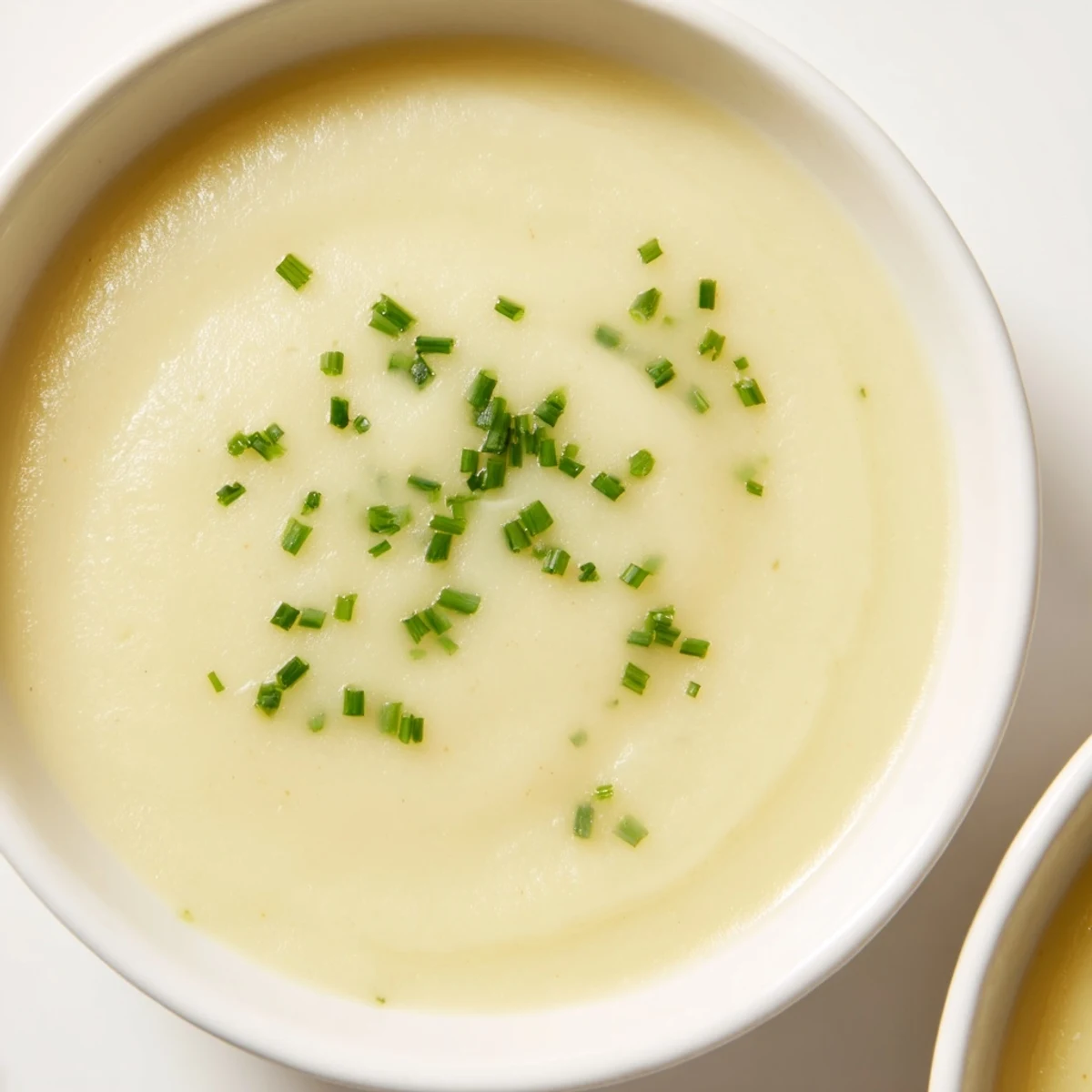 Warm and aromatic bowl of Potato Leek Soup, thick and creamy, topped with fresh green herbs for serving.