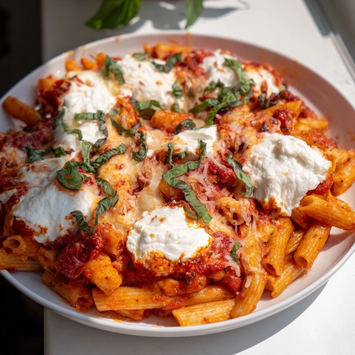 A steaming pan of One-Pan Baked Ziti, the pasta covered in melted, bubbly mozzarella cheese.