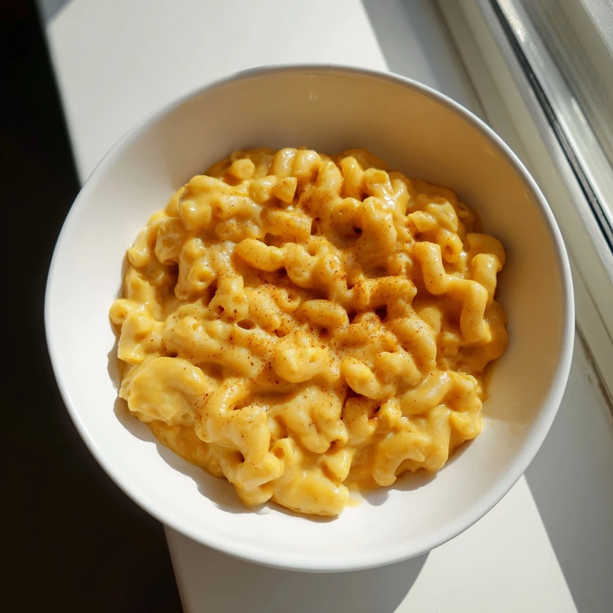 A flavorful close-up of one-pot butternut squash mac & cheese, garnished with melted cheese and ready to eat.