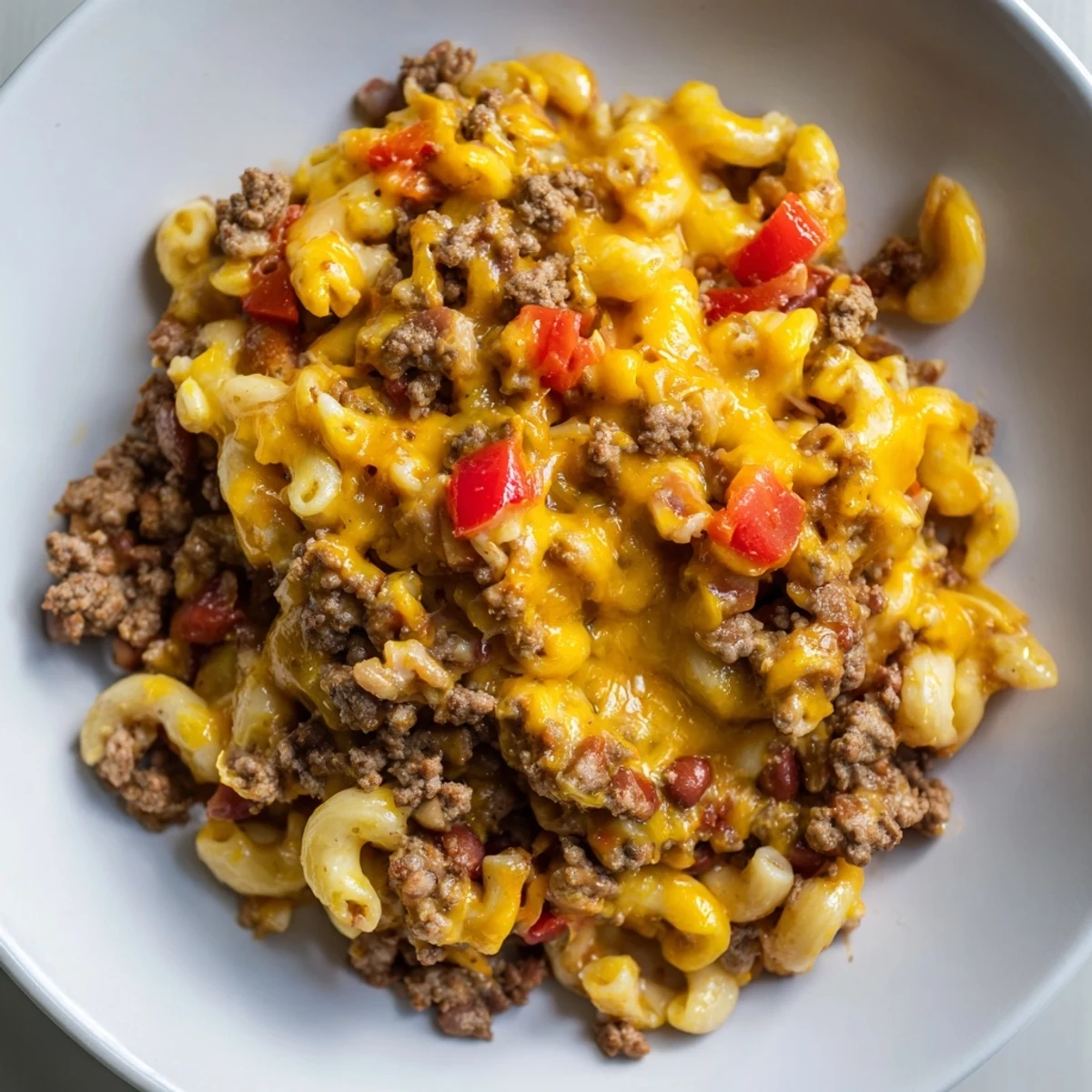Steaming Cheeseburger Chili Mac Skillet, topped with melted cheddar, ready for a comforting weeknight dinner.