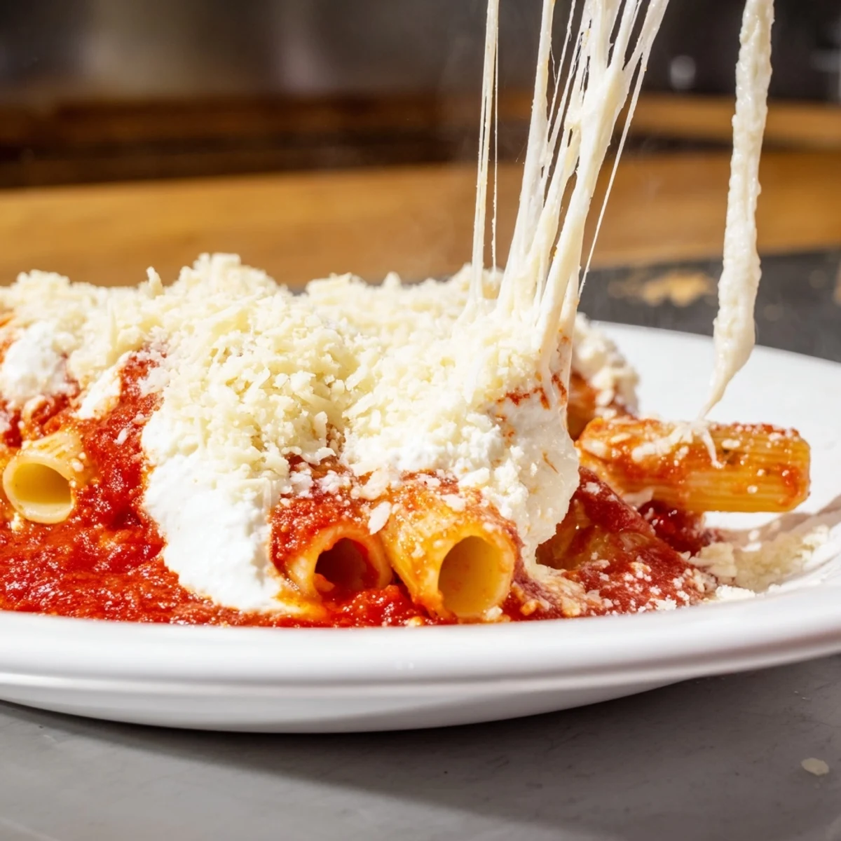 A close-up of cheesy, bubbling slow cooker baked ziti, a satisfying Italian-American comfort food meal.
