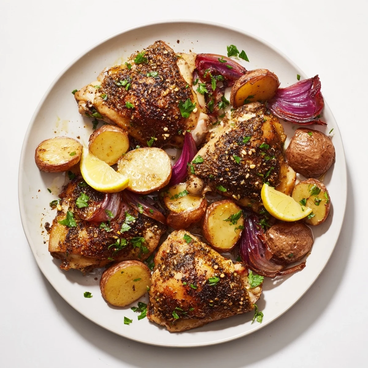 Golden, crispy Sheet Pan Zaatar Chicken with roasted potatoes ready to be plated for a hearty dinner.