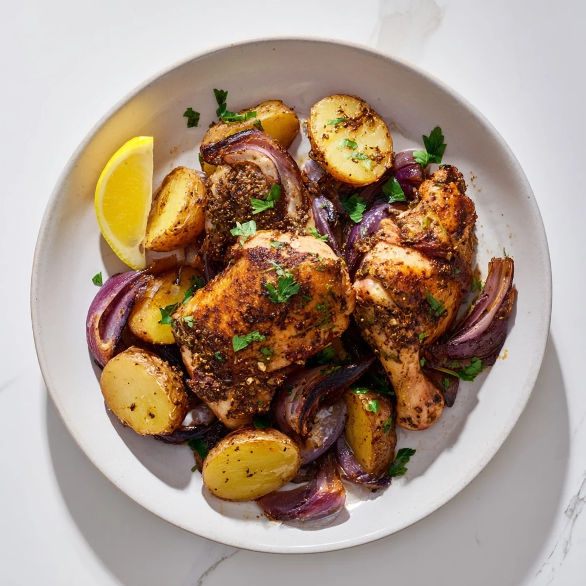 The aromatic Sheet Pan Zaatar Chicken and potatoes, featuring flavorful spices and tender, savory chicken.