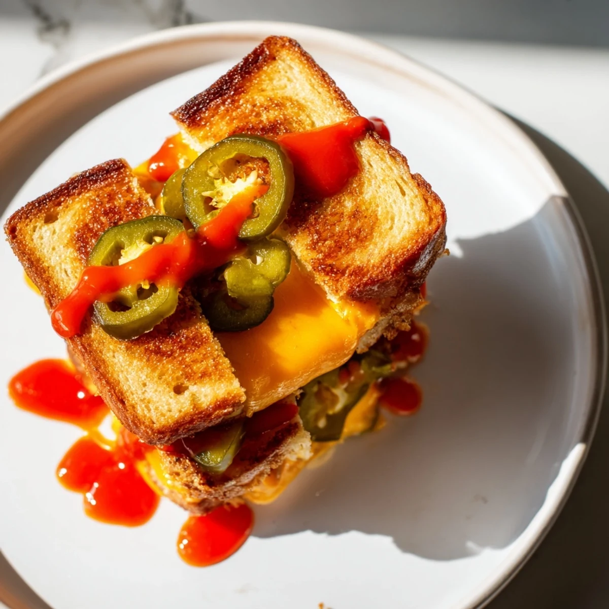Golden-brown Spicy Pickle Grilled Cheese Dippers ready to dip, oozing cheesy goodness and pickle slices.