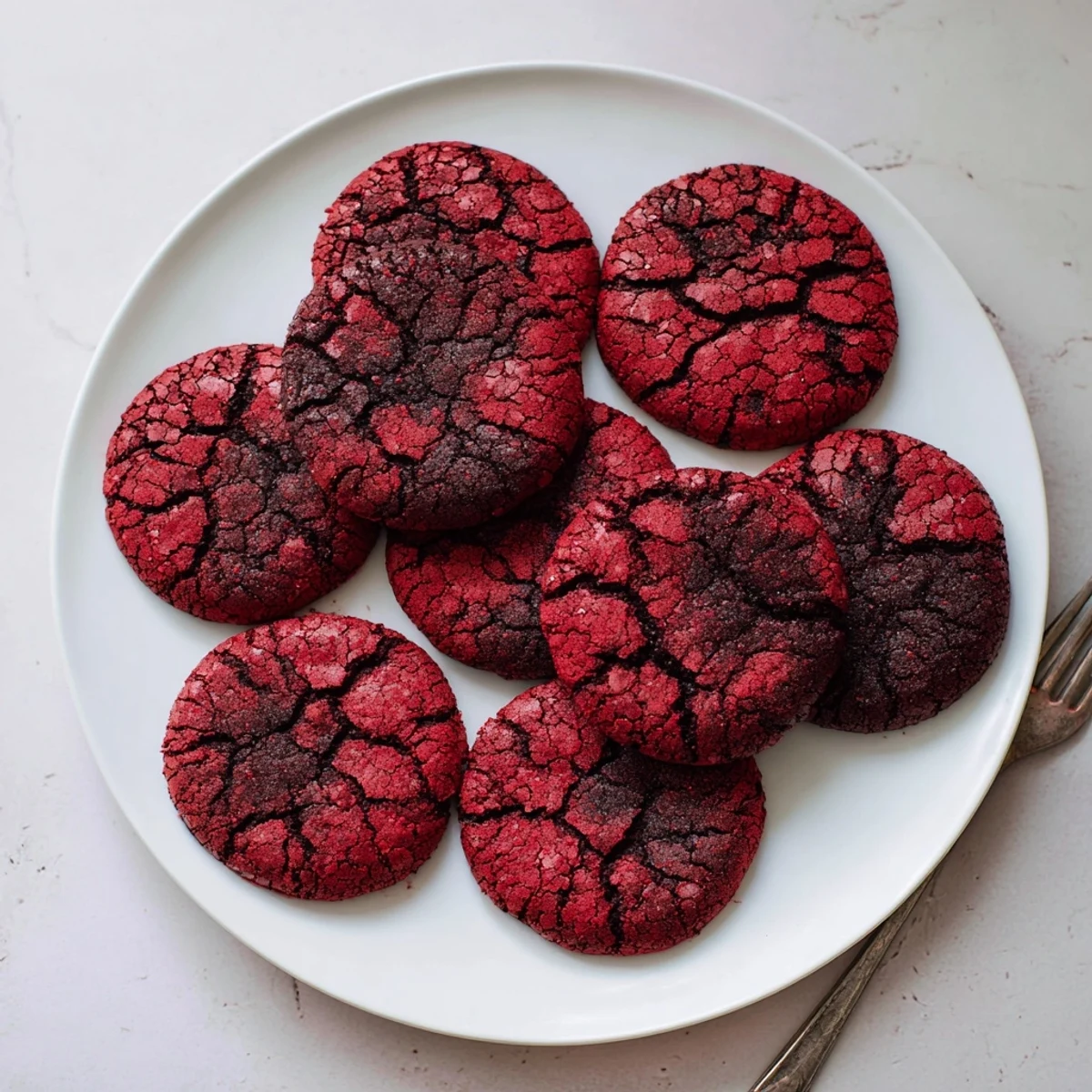Warm, crackled Red Velvet Chocolate Crinkle Cookies dusted with powdered sugar, ready to eat.