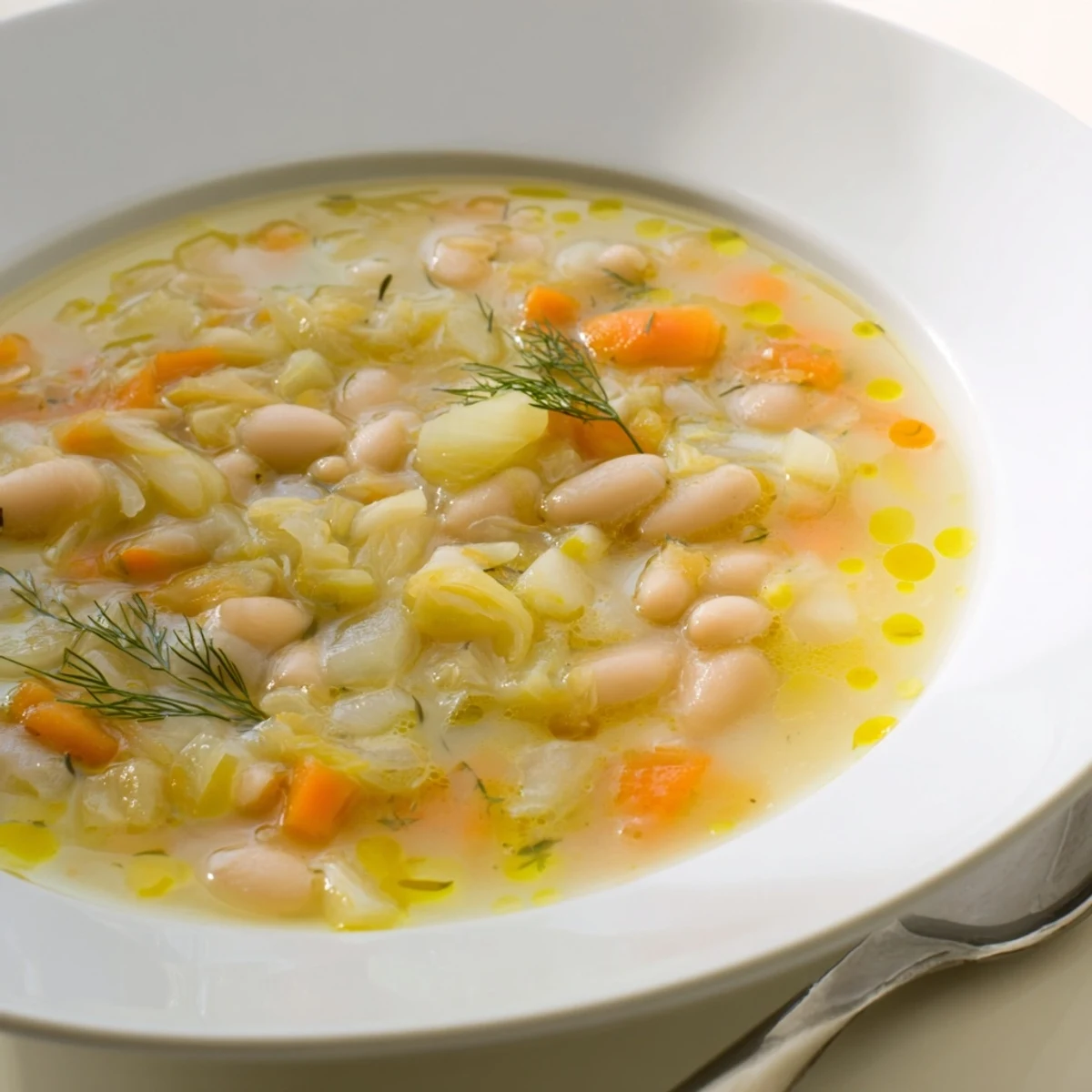 Creamy white bean and fennel soup, garnished with fennel fronds, ready to serve as a warm, delicious meal.