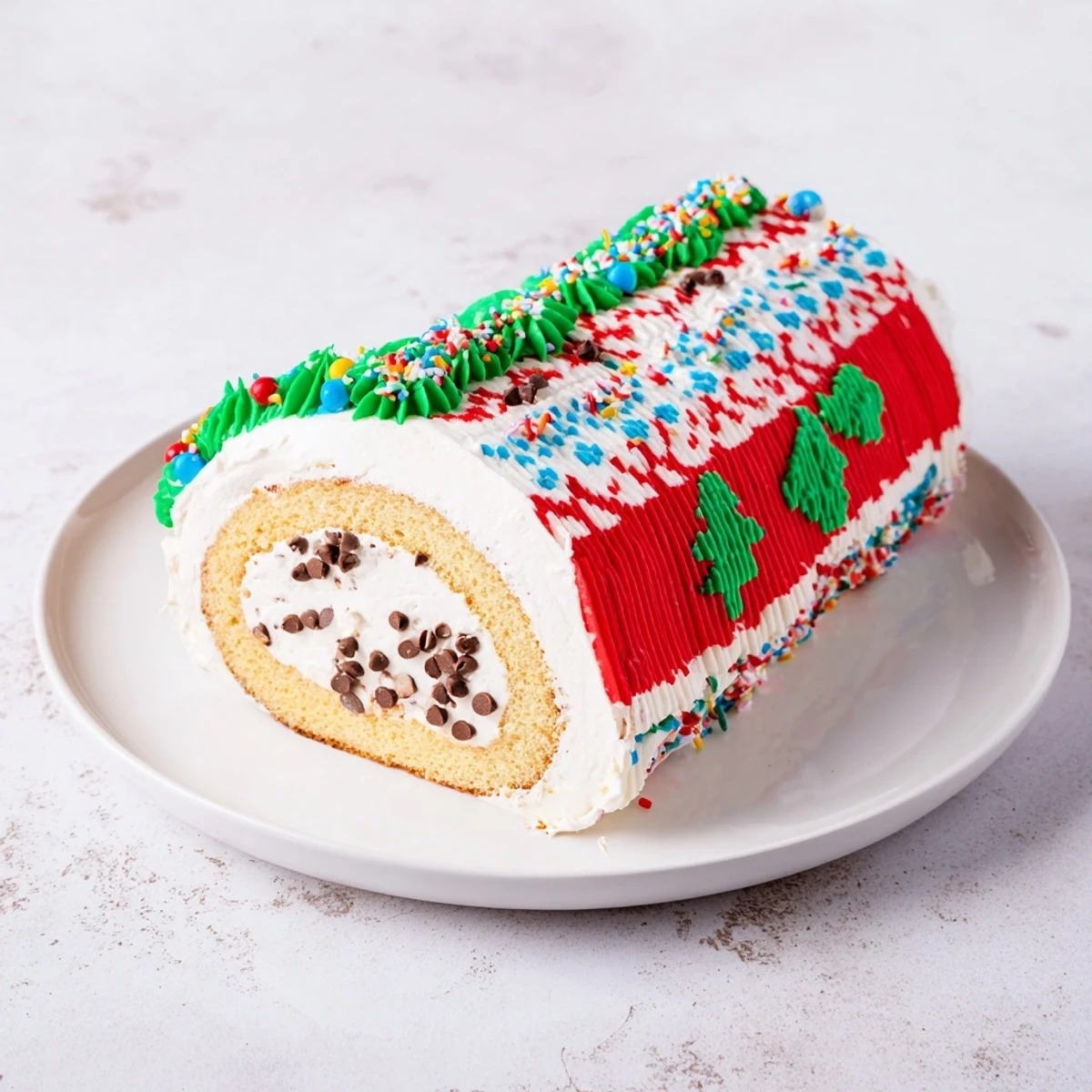 Store-bought cake transformed into an Ugly Sweater Cake Roll, a whimsical holiday treat with candy accents.