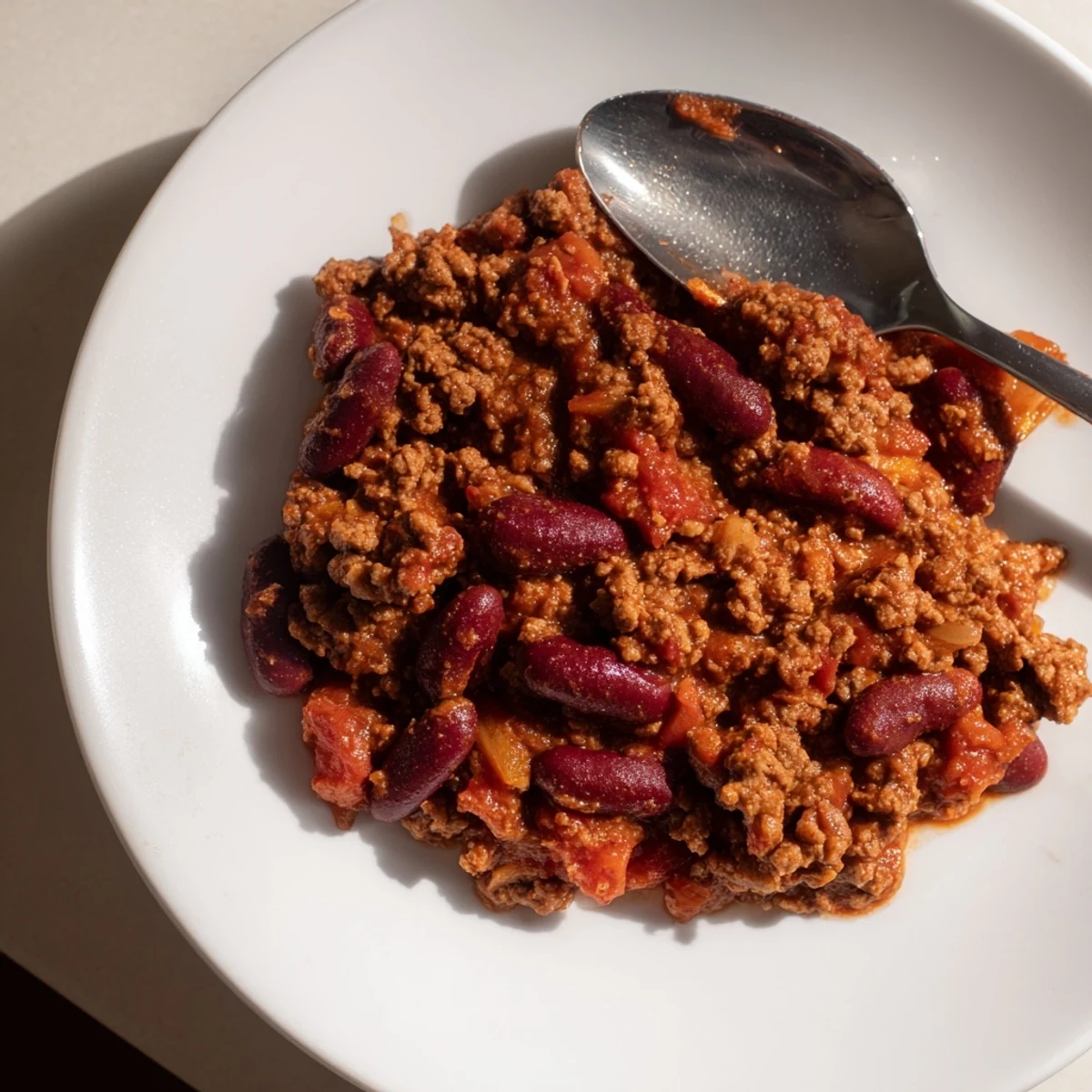 A steaming bowl of The Secret 4-Ingredient Slow Cooker Chili, hearty and delicious, ready to eat.