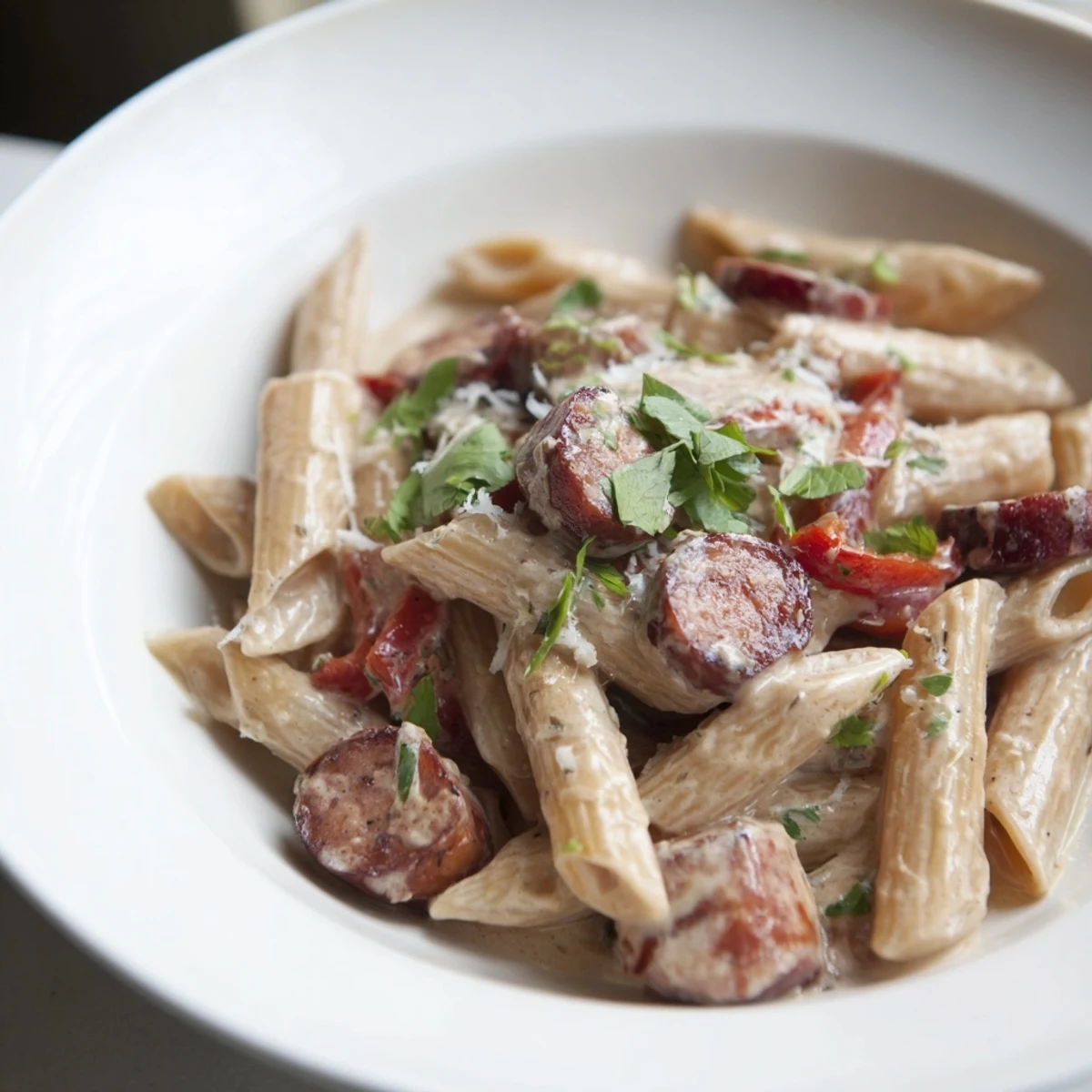 Smoked Sausage Cajun Alfredo with penne, a creamy pasta dish with browned sausage and vibrant peppers.